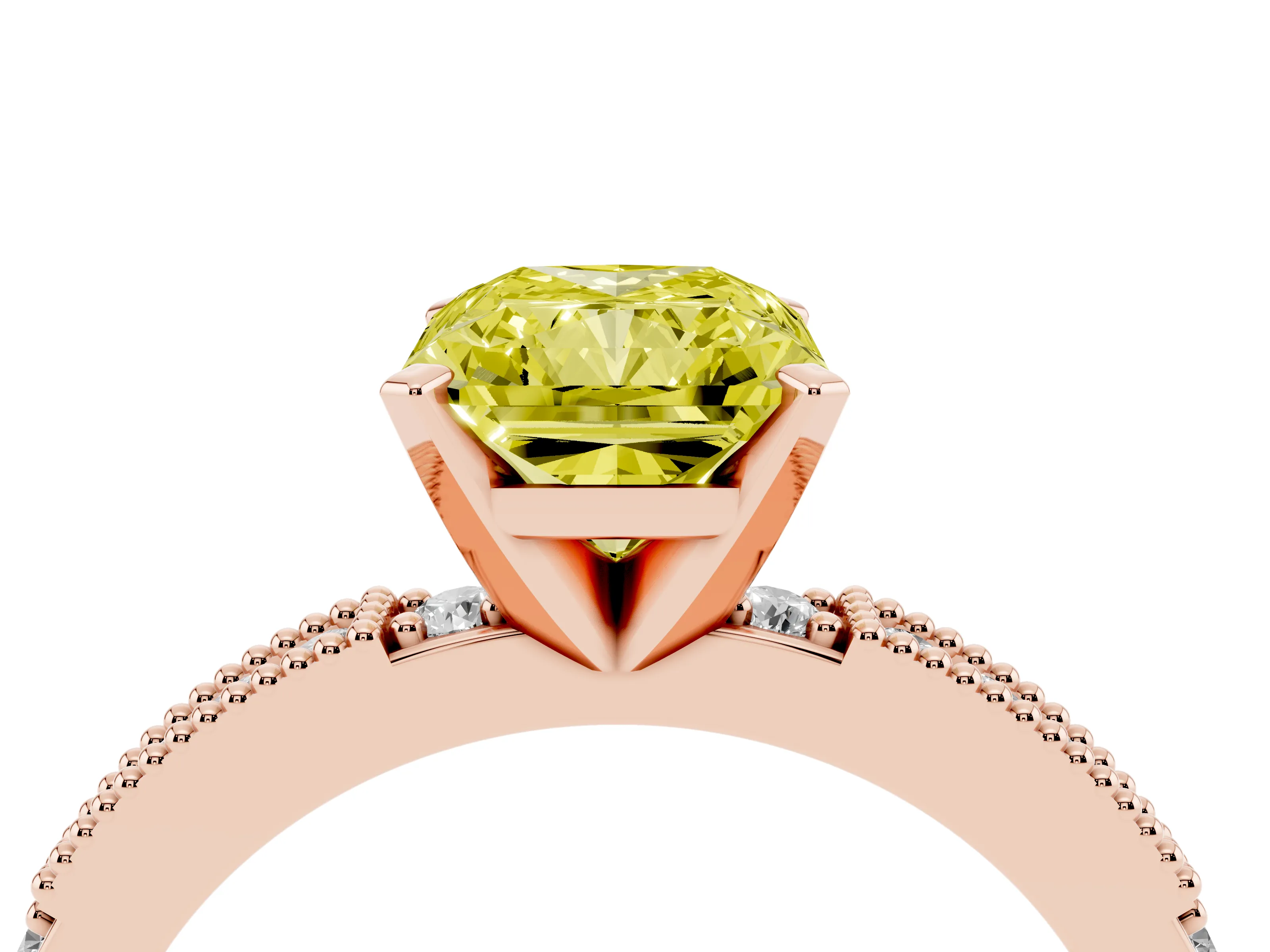 Fancy Yellow Radiant Cut Diamond Solitaire Ring Set in Rose gold with Slim Pavé Band and Prong Setting