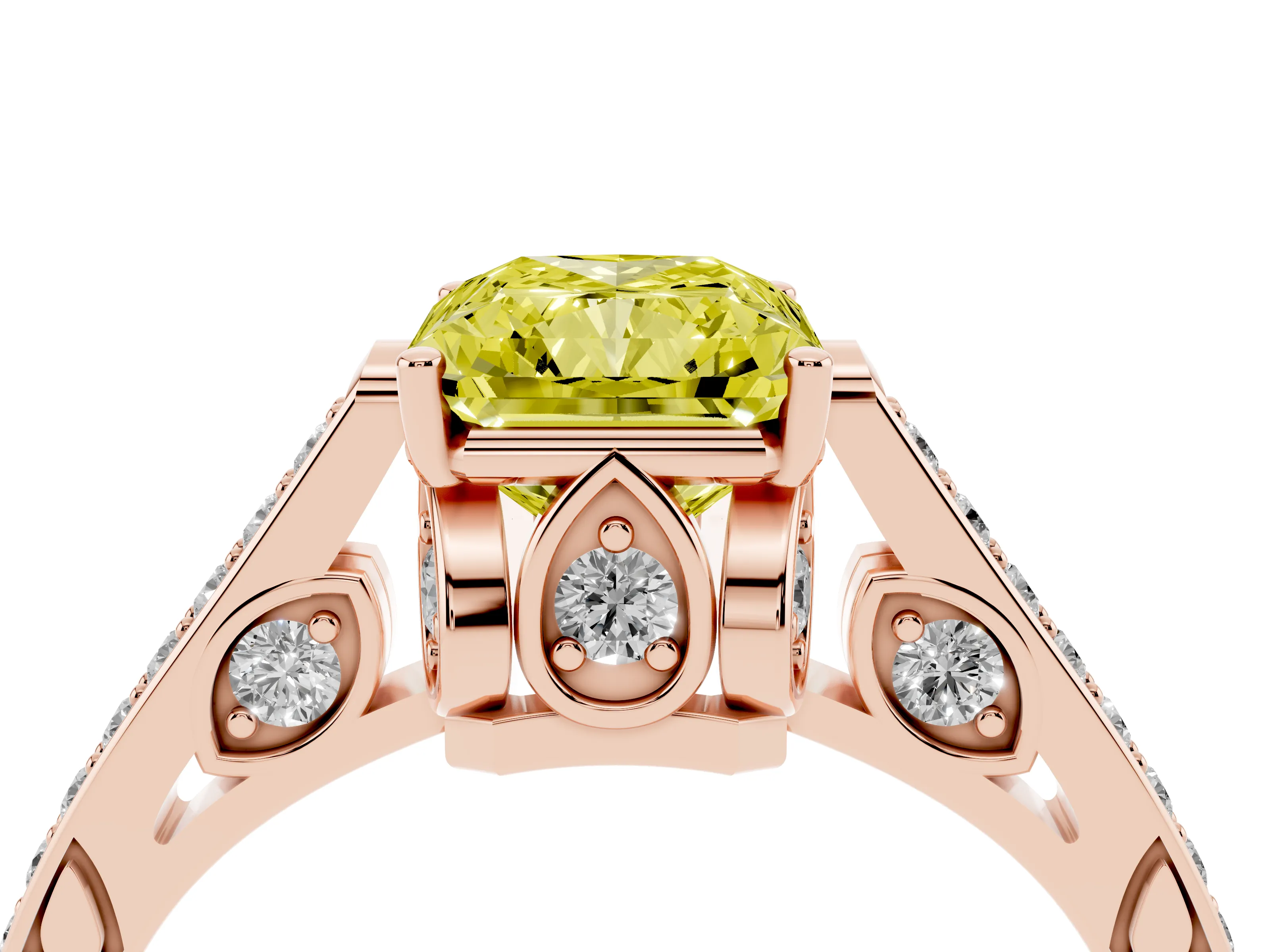 Fancy Yellow Radiant Cut Diamond Cathedral Pavé Engagement Ring Set in Rose gold with Prong Setting