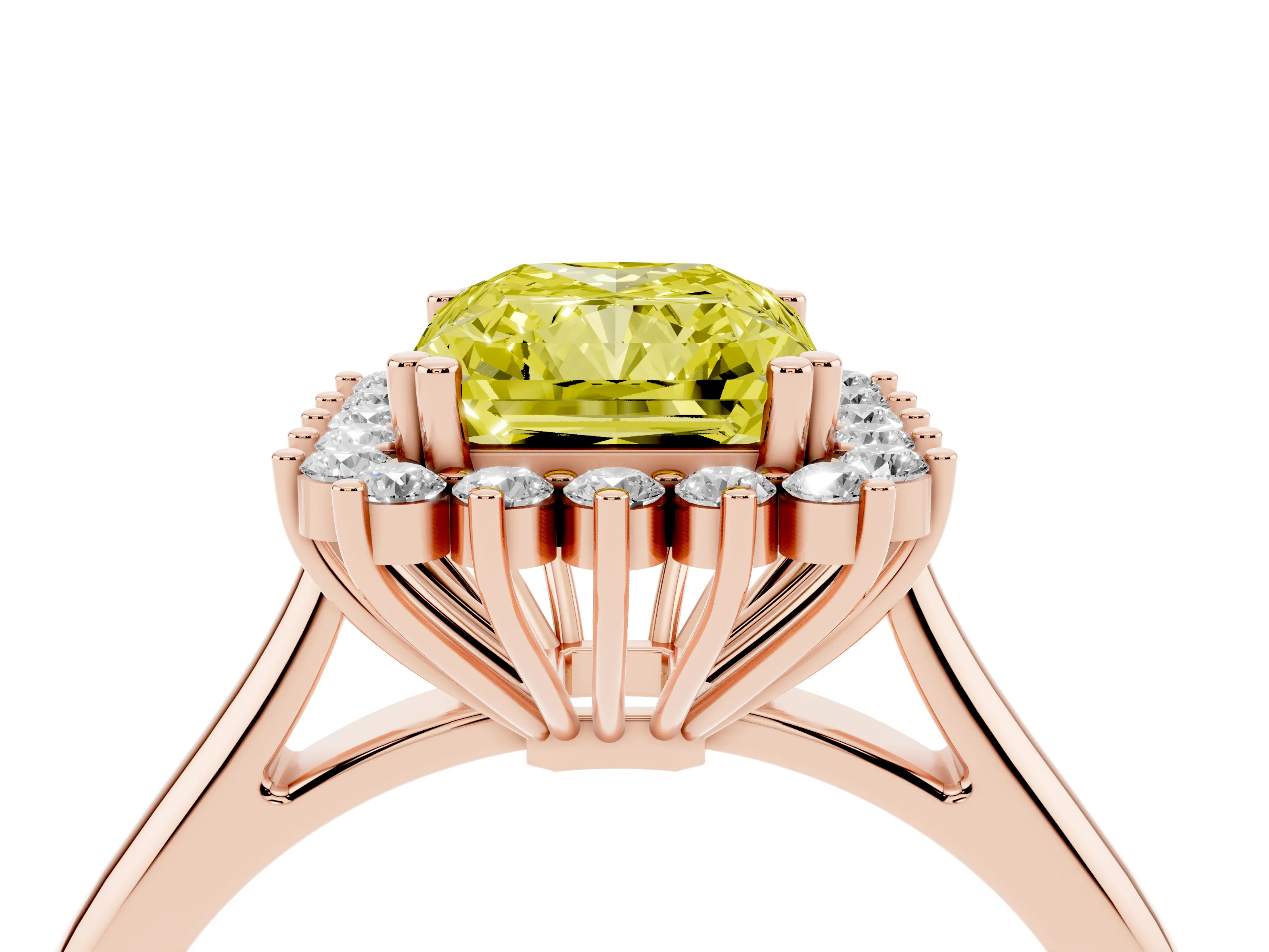 Fancy Yellow Radiant Cut Diamond Halo Ring Set in Rose gold with Plain Solitaire Band and Prong Setting