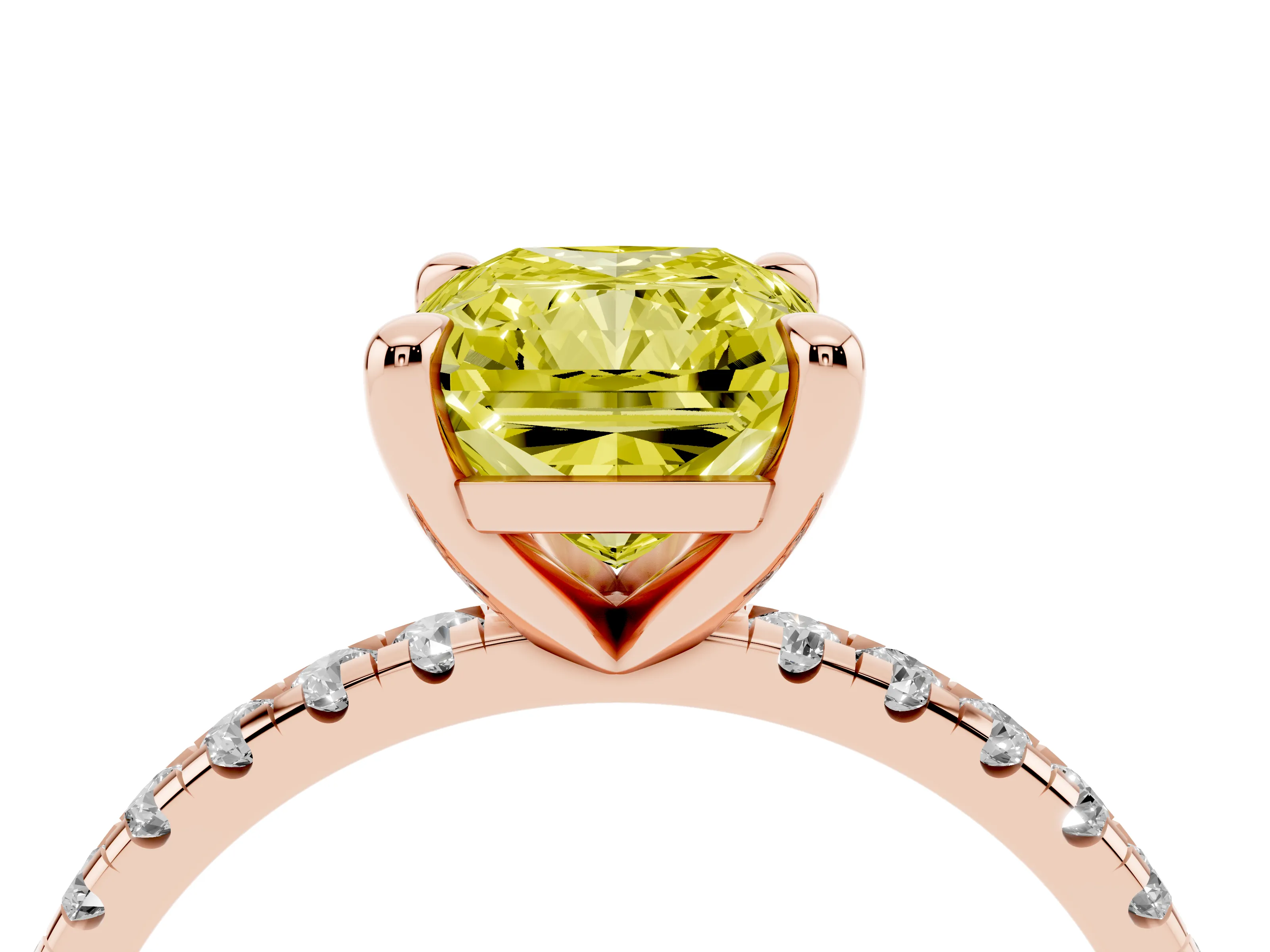Fancy Yellow Radiant Cut Diamond Brilliant Solitaire Ring Set in Rose gold with Pavé Band and Prong Setting