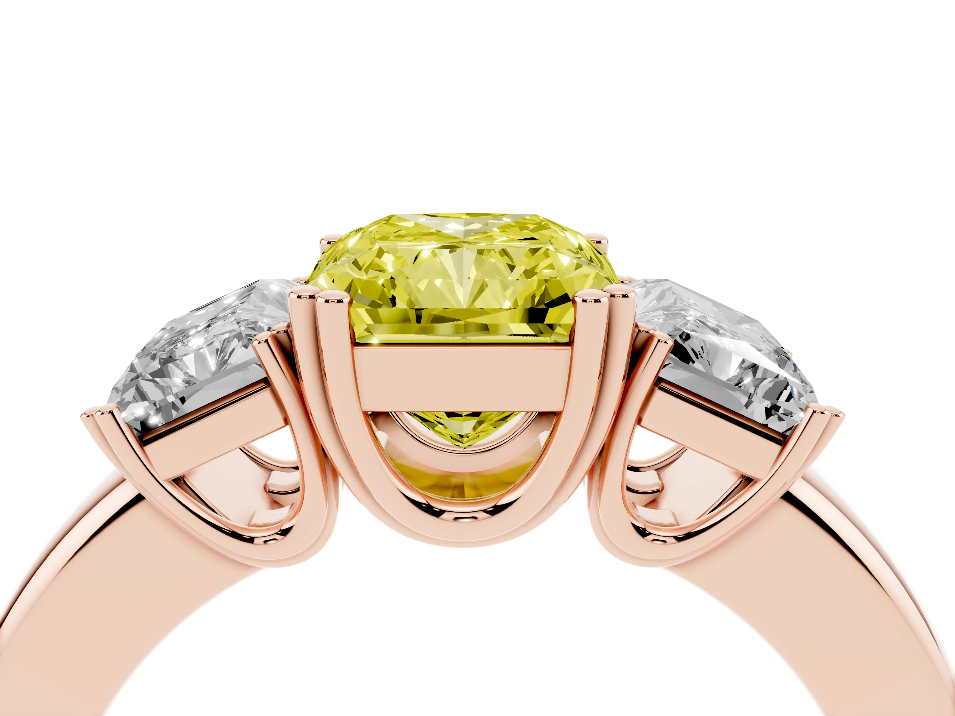 Fancy Yellow Radiant Cut Diamond Three-Stone Ring Set in Rose gold with Polished Channel-Set Band