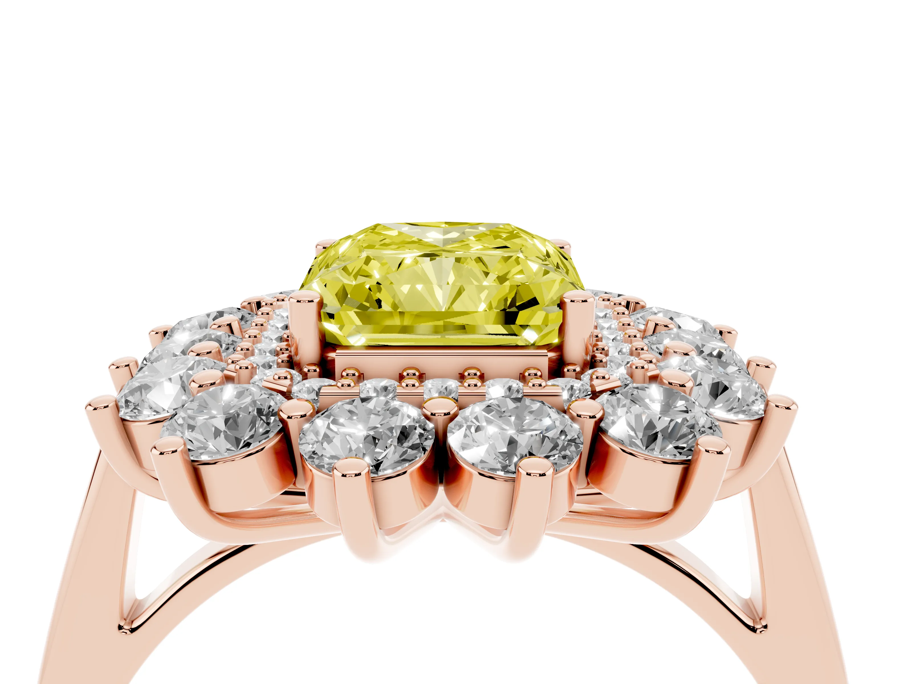 Fancy Yellow Radiant Cut Diamond Floral Double Halo Ring Set in Rose gold with Round Petals
