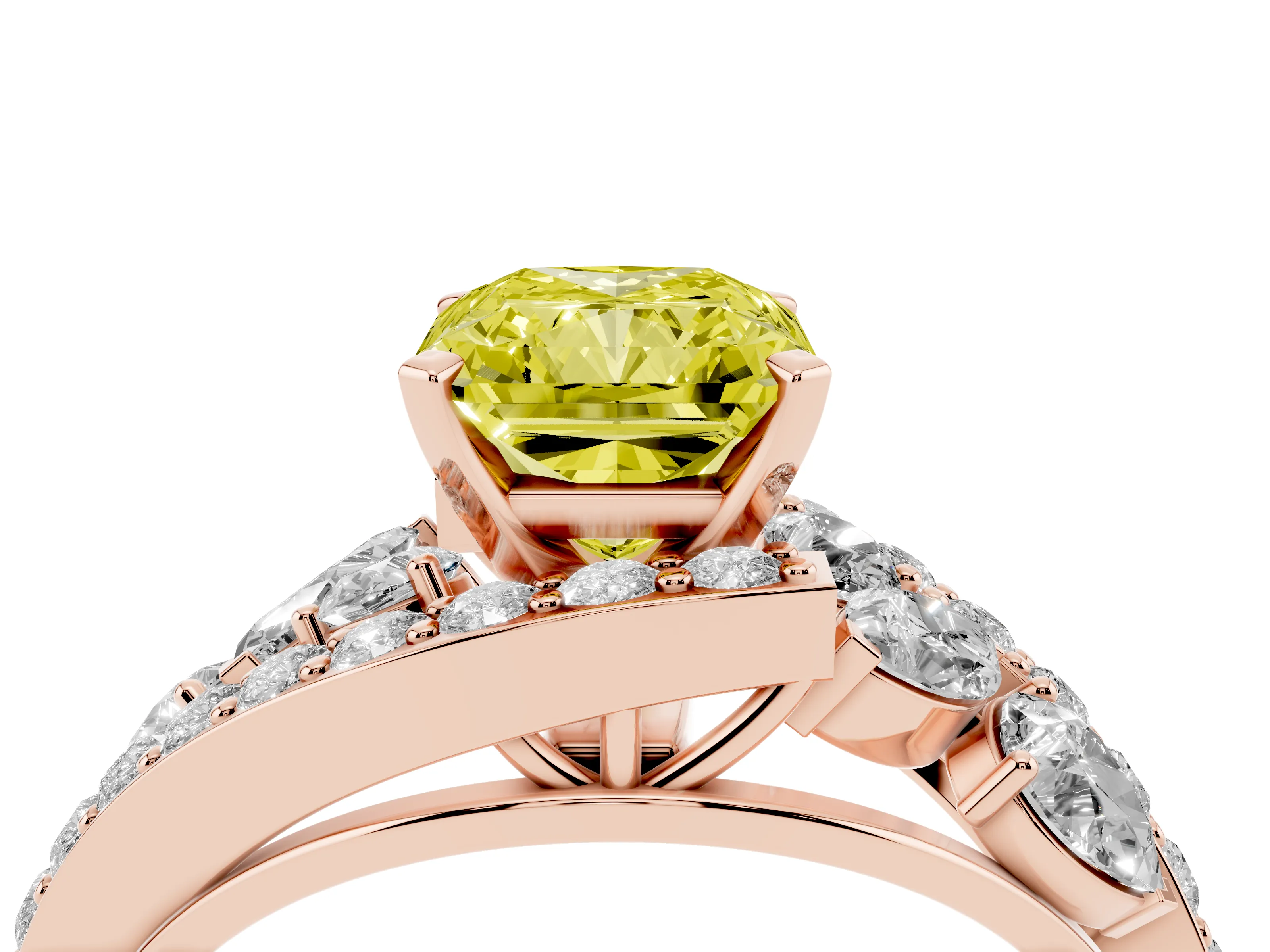 Fancy Yellow Radiant Cut Diamond Halo Ring Set in Rose gold with Marquise and Pavé Band in Prong Setting
