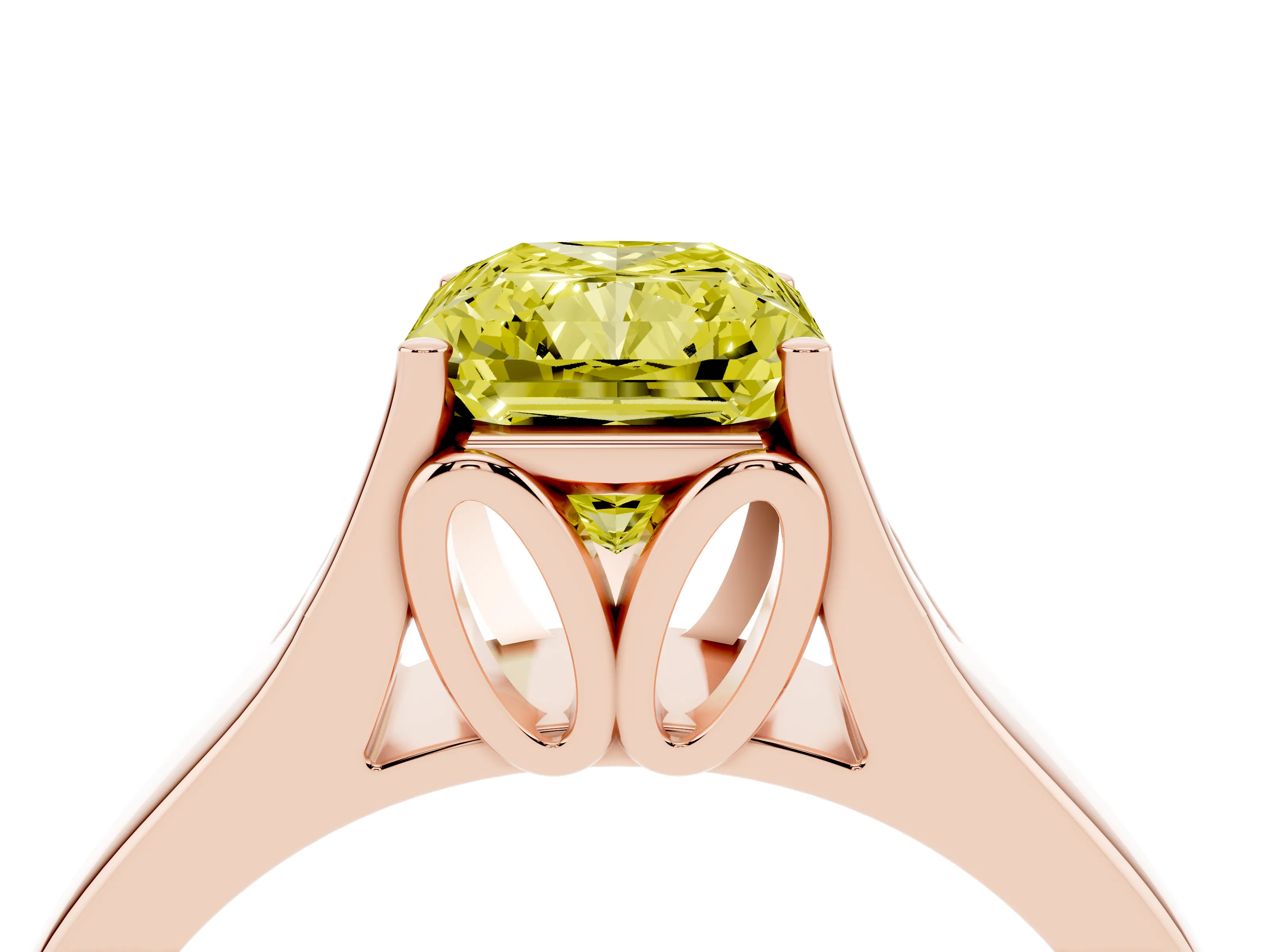 Fancy Yellow Radiant Cut Diamond Solitaire Ring Set in Rose gold with Arched Cathedral Band and Prong Setting