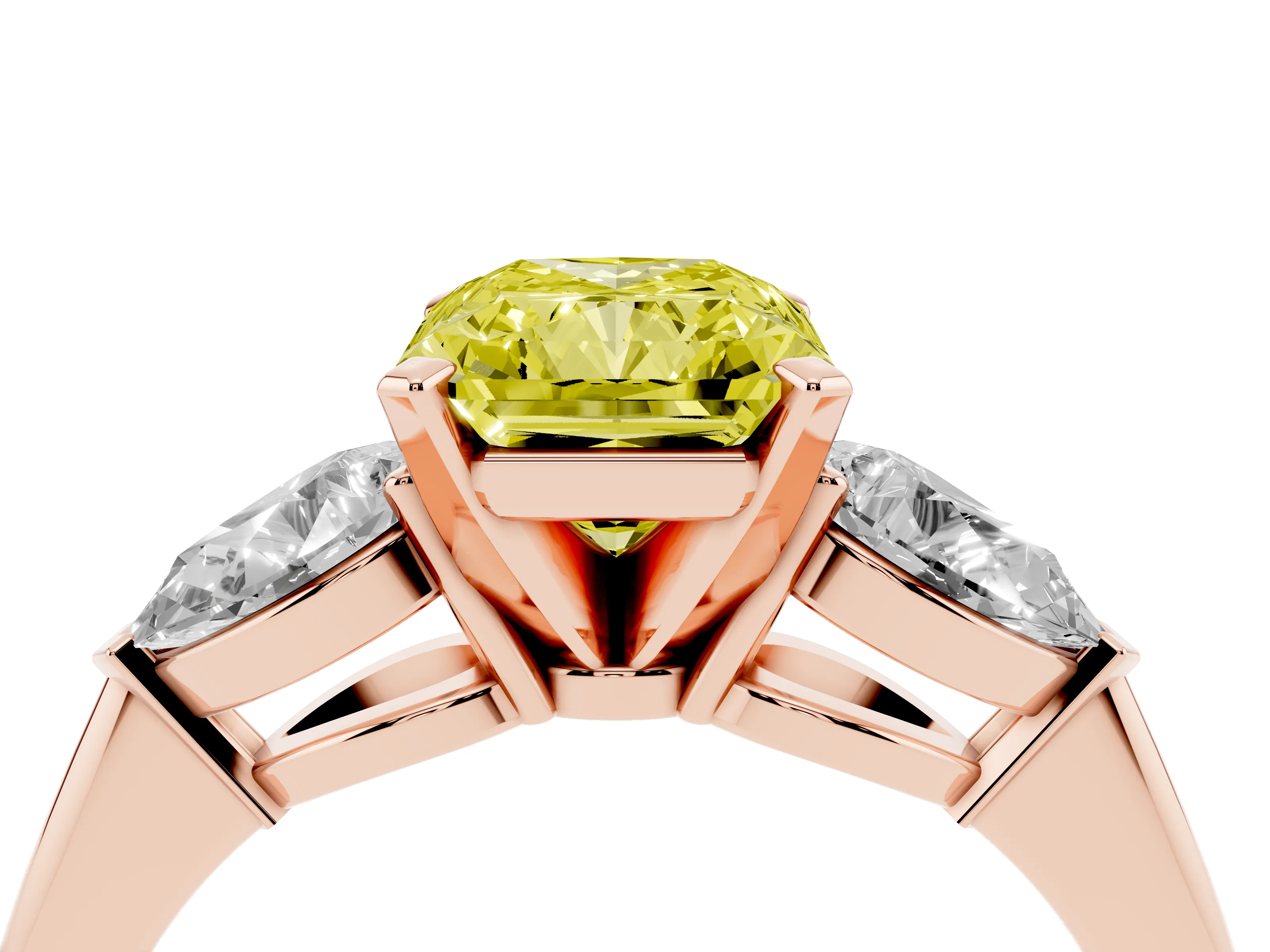 Fancy Yellow Three-Stone Radiant Cut Diamond Ring Set in Rose gold with Pear Side Stones and Prong Setting