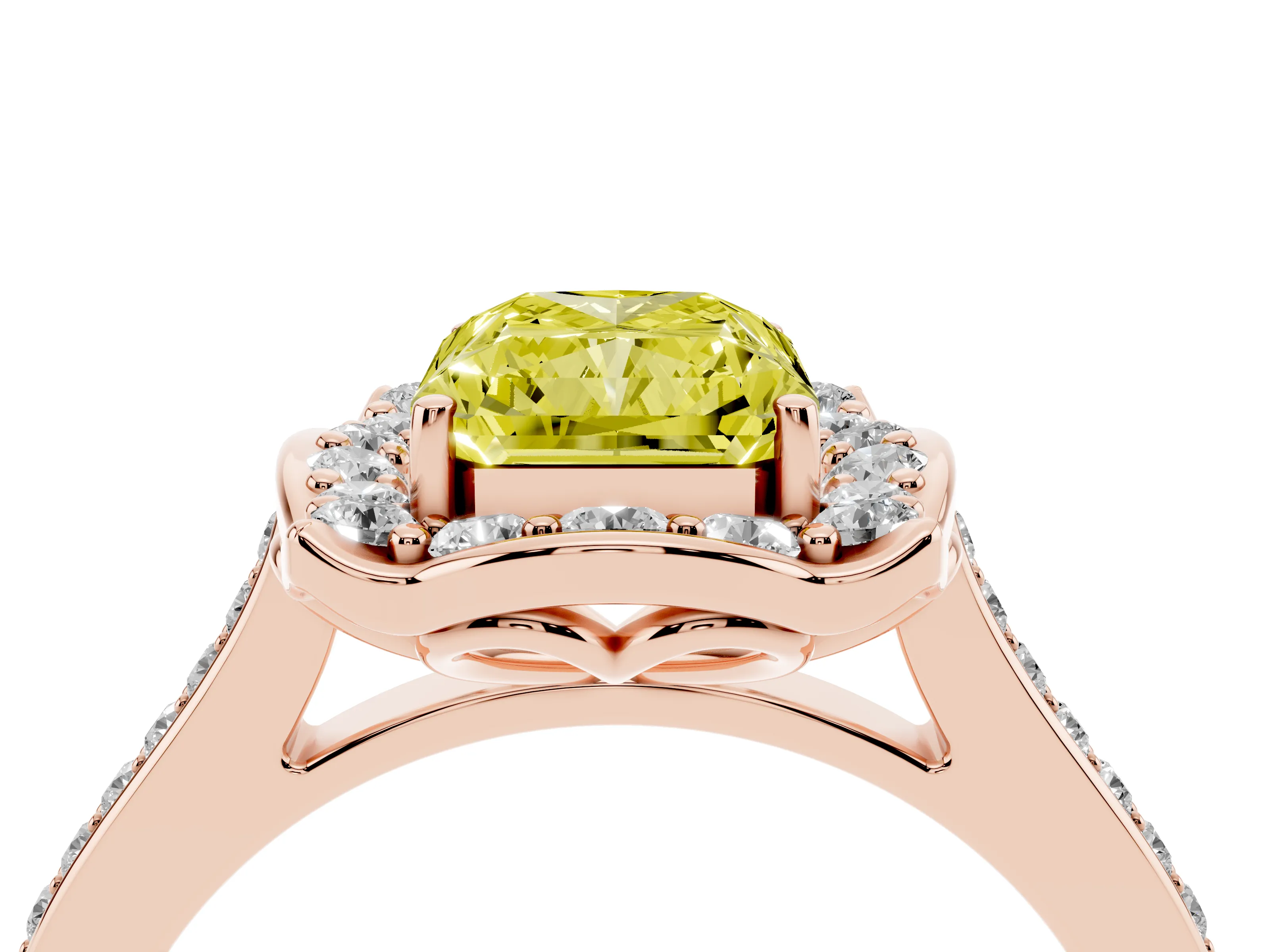 Fancy Yellow Radiant Cut Diamond Halo Ring Set in Rose gold with Pavé-Lined Shoulders and Prong Setting