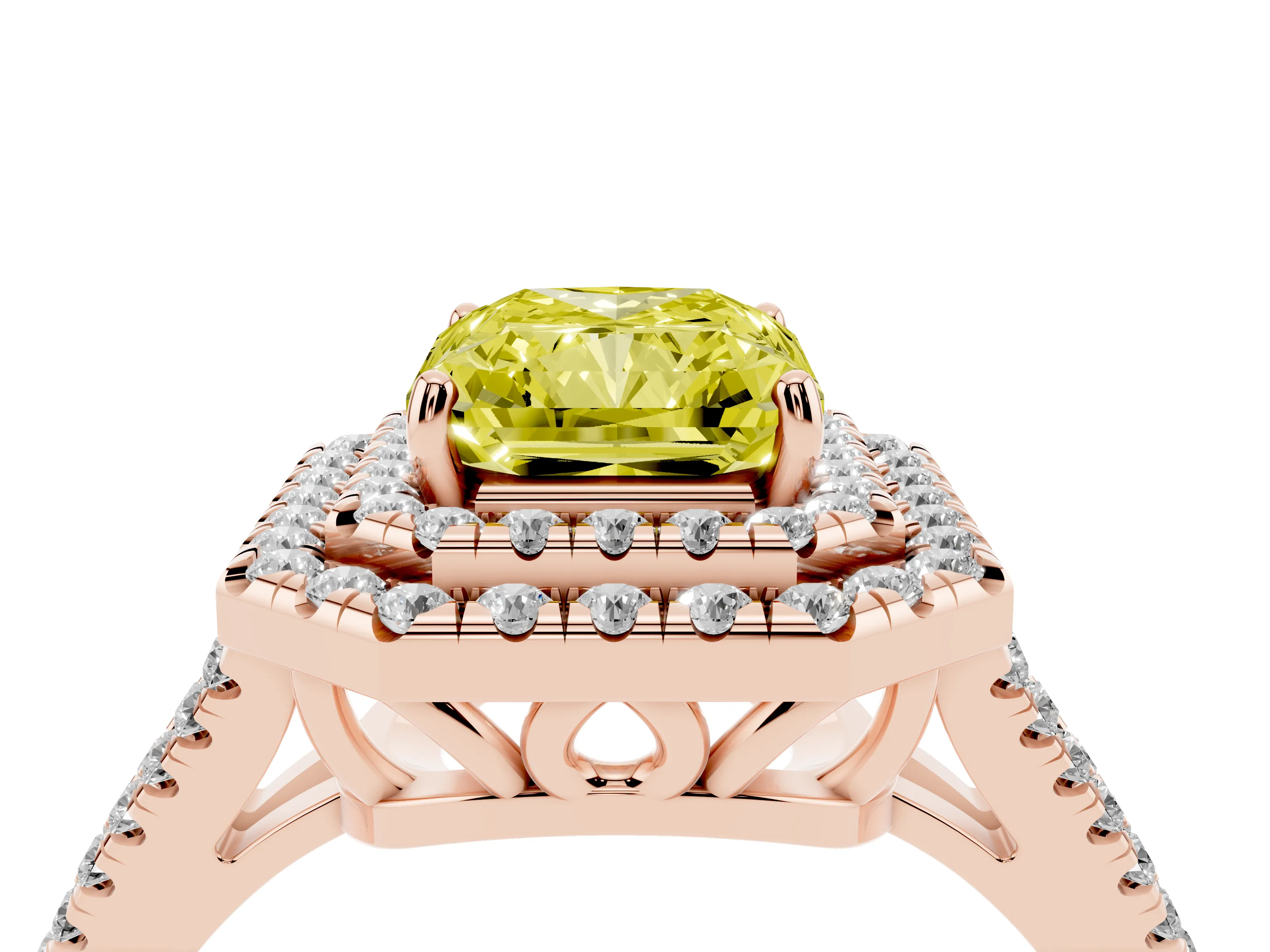 Fancy Yellow Radiant Cut Diamond Double Halo Ring Set in Rose gold with Pavé Band