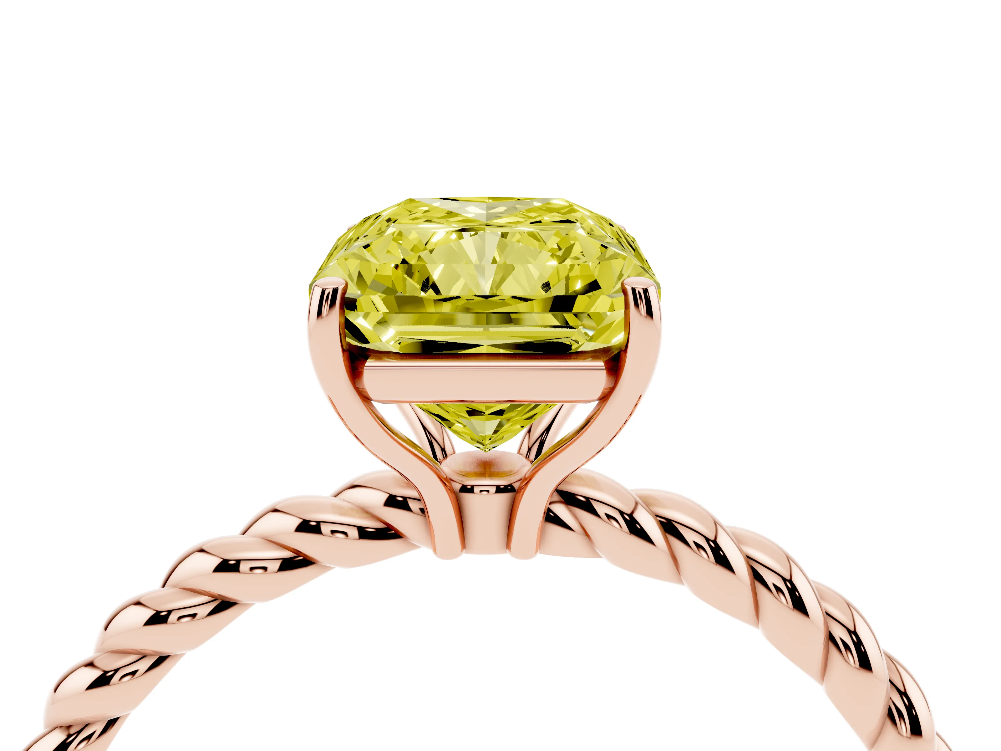 Fancy Yellow Radiant Cut Diamond Solitaire Ring Set in Rose gold with Twist Band and Prong Setting