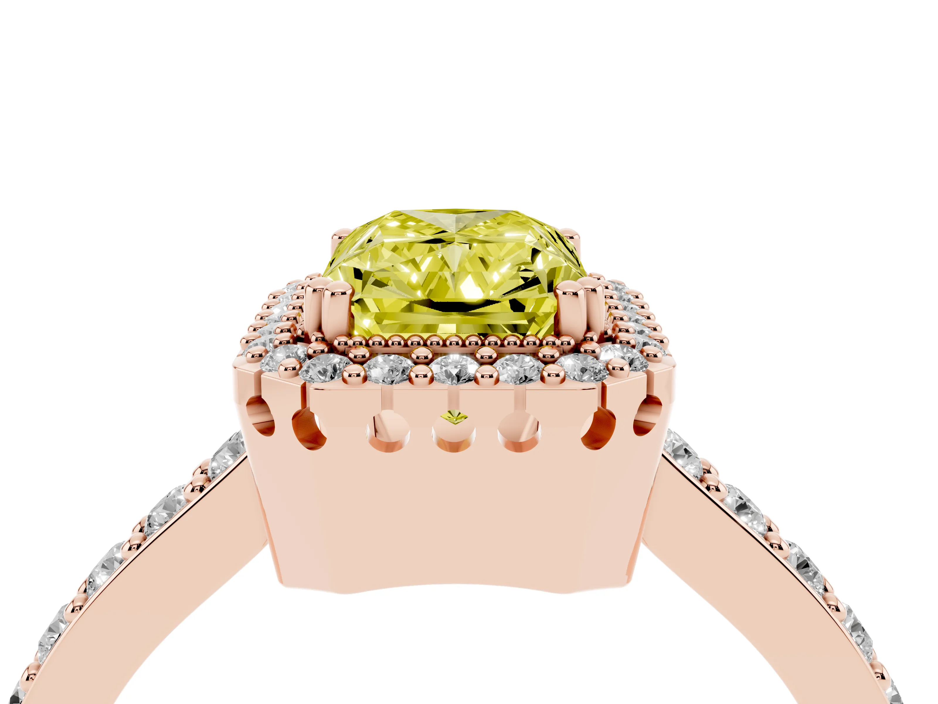 Fancy Yellow Radiant Cut Diamond Halo Engagement Ring Set in Rose gold with Milgrain Detail and Pavé Band