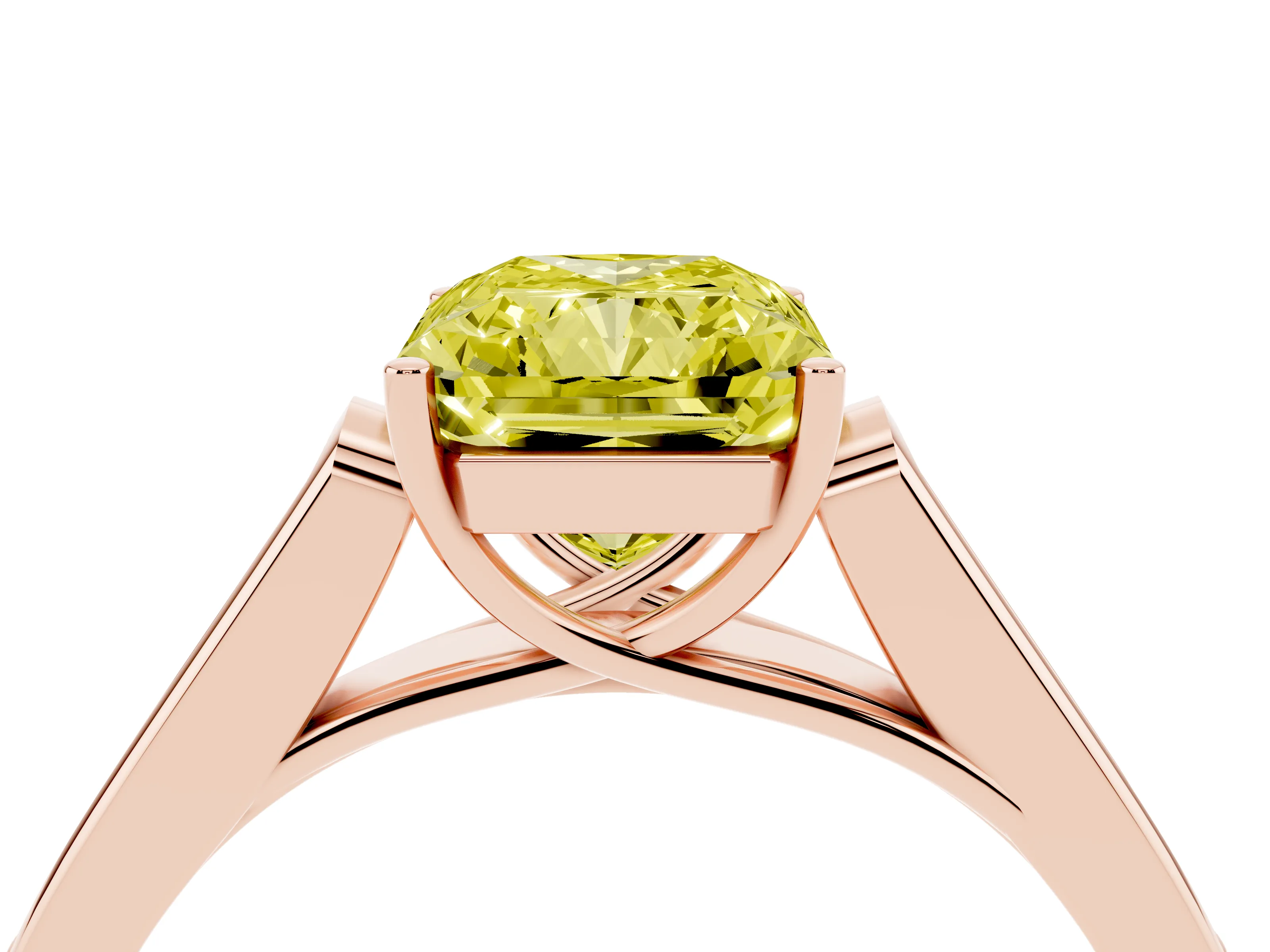 Fancy Yellow Radiant Cut Diamond Solitaire Cathedral Engagement Ring Set in Rose gold with Channel-Set Band and Prong Setting