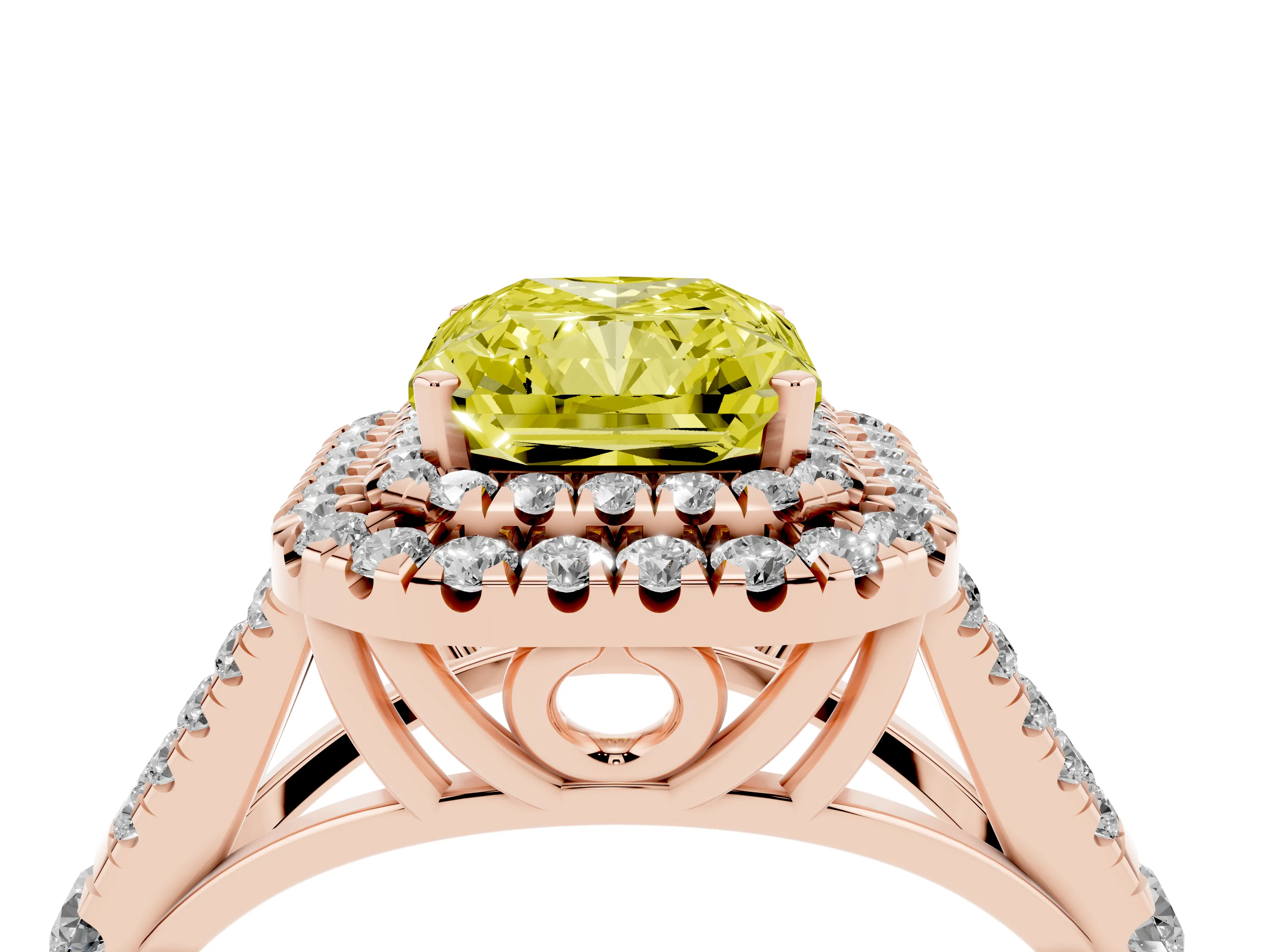 Fancy Yellow Radiant Cut Diamond Pavé Split Shank Double Halo Engagement Ring Set in Rose gold