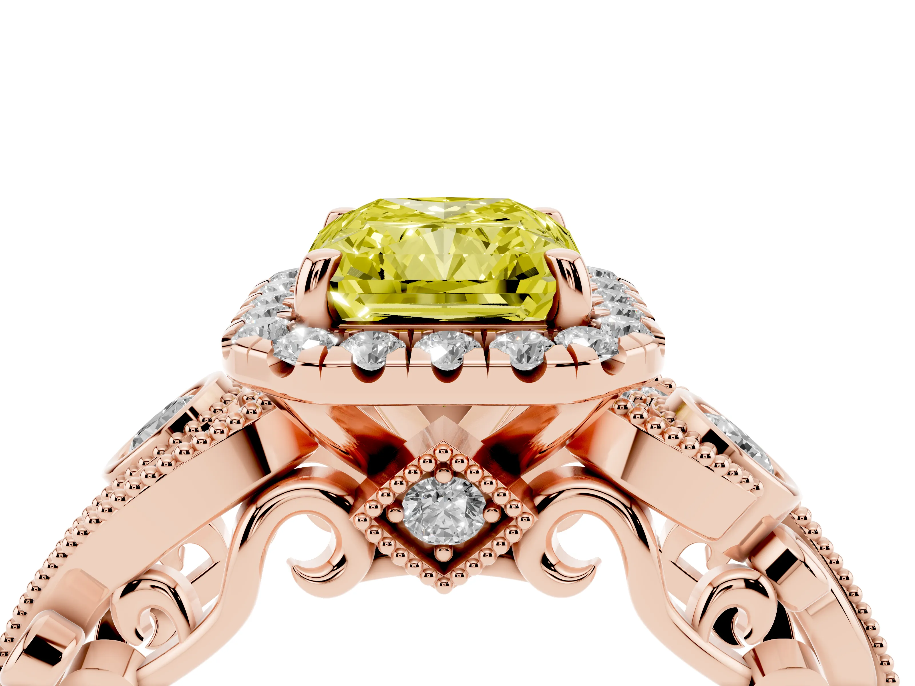 Fancy Yellow Radiant Cut Diamond Halo Ring Set in Rose gold with Milgrain Pavé Band and Prong Setting