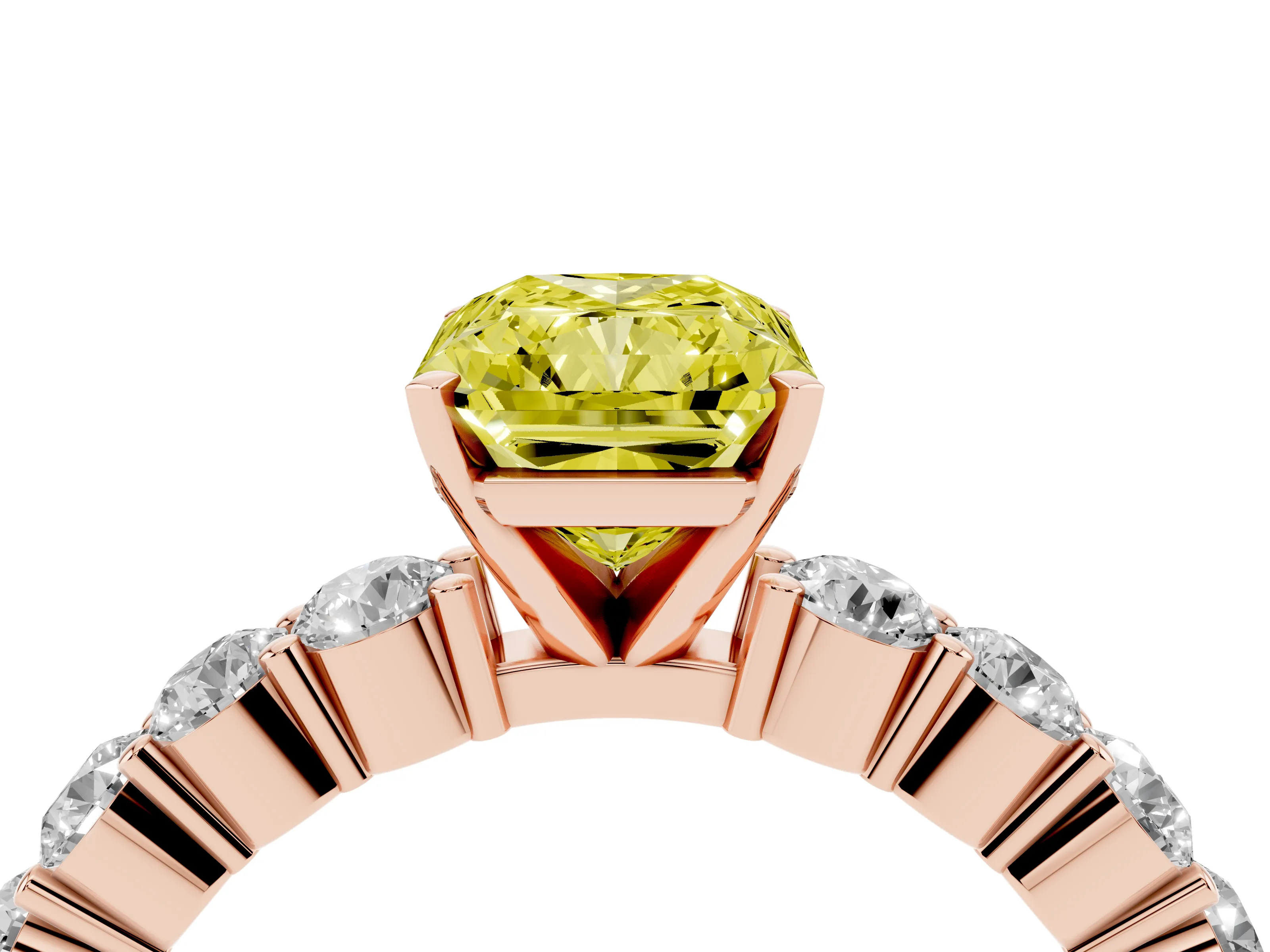 Fancy Yellow Radiant Cut Diamond Solitaire Ring Set in Rose gold with Shared Prong Round Side Stones