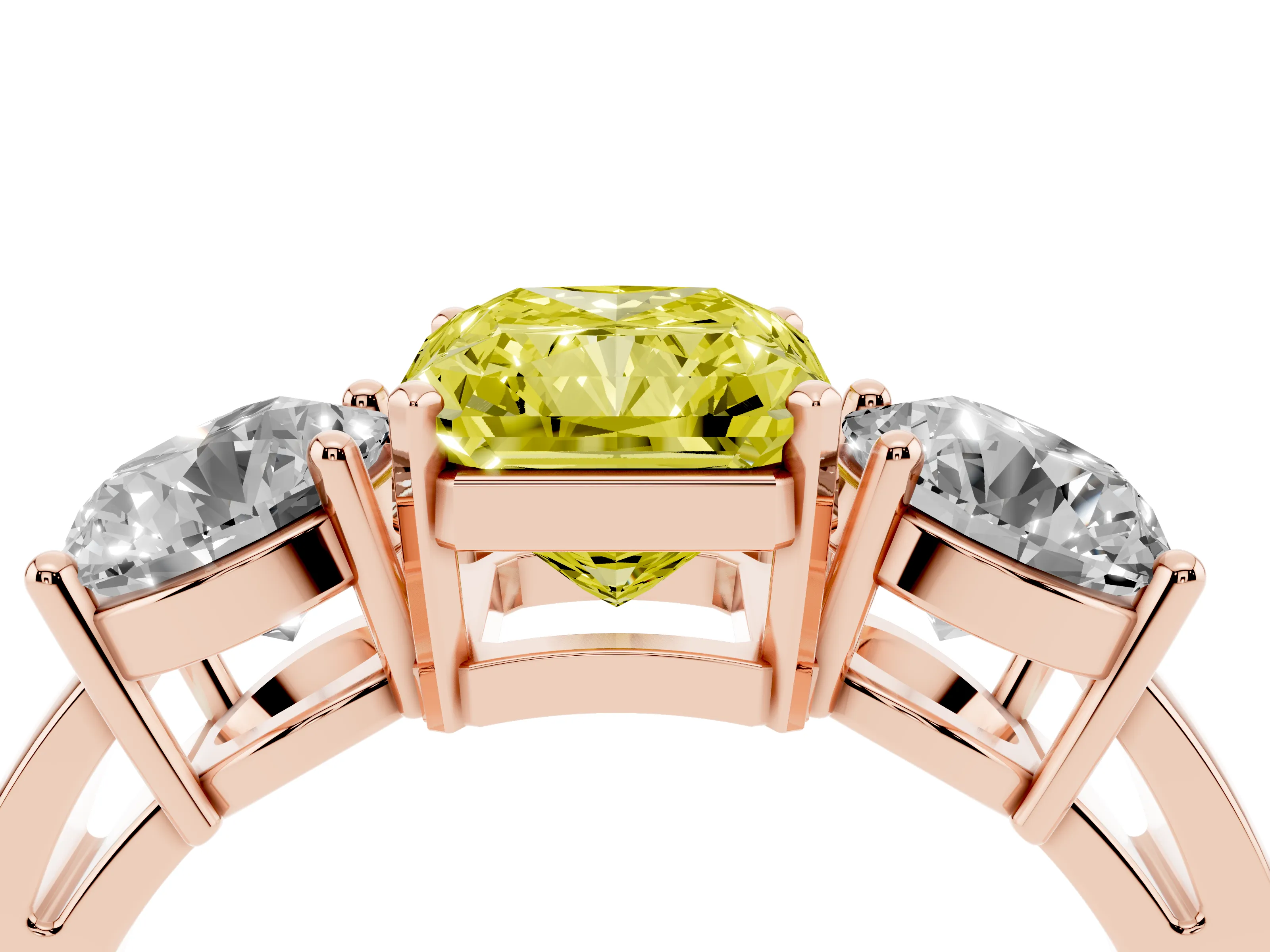 Fancy Yellow Radiant Cut Diamond Three-Stone Ring Set in Rose gold with Round Side Stones and Classic Band