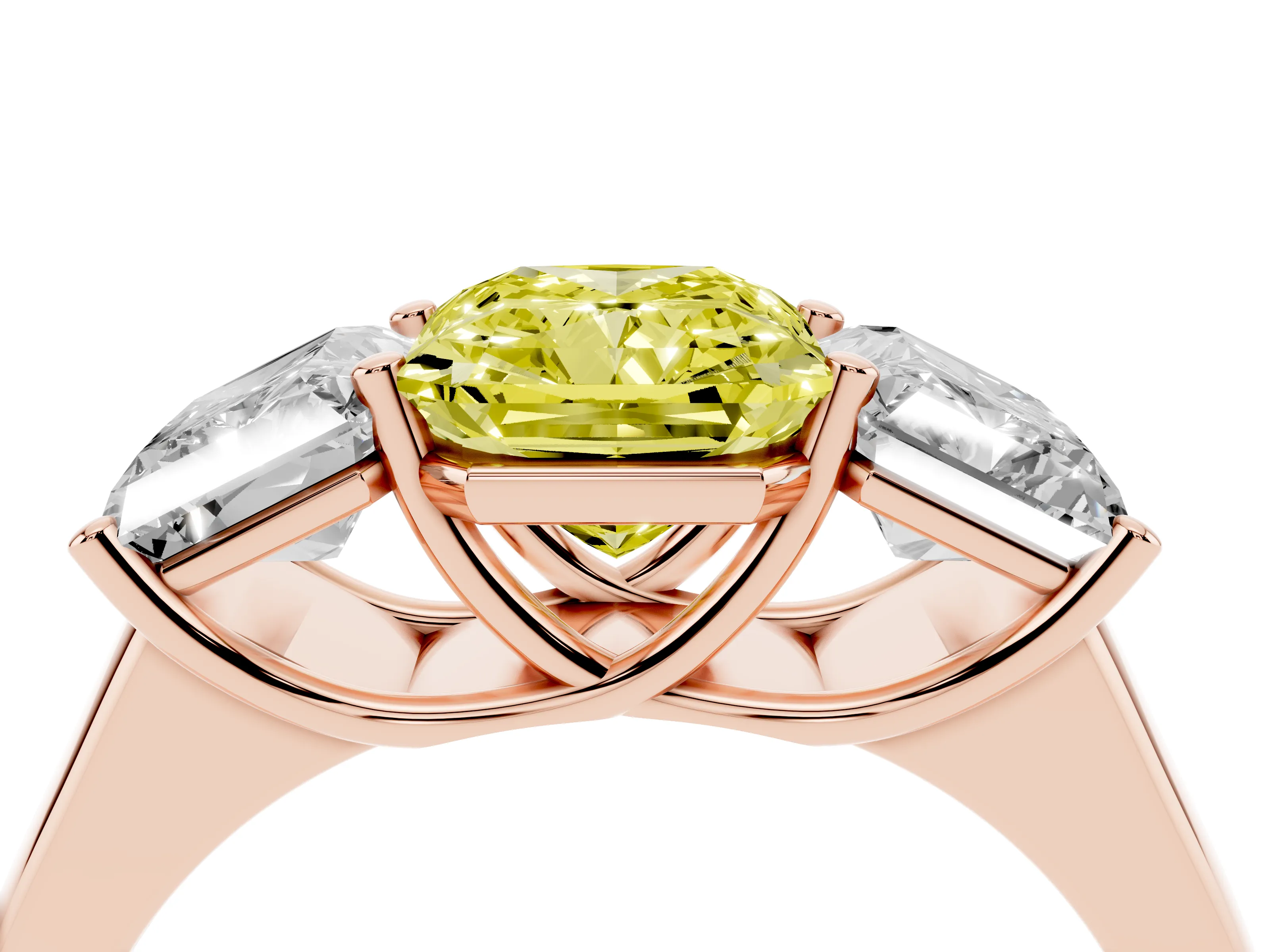 Fancy Yellow Radiant Cut Diamond Three-Stone Ring Set in Rose gold with Plain Polished Band