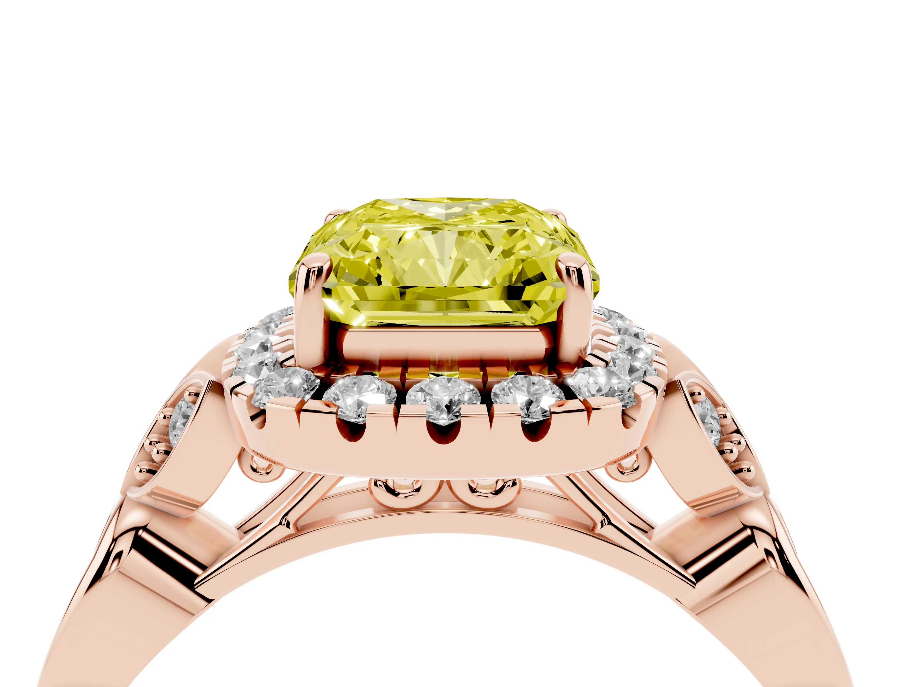 Fancy Yellow Radiant Cut Diamond Halo Engagement Ring Set in Rose gold with Vintage-Inspired Band and Prong Setting
