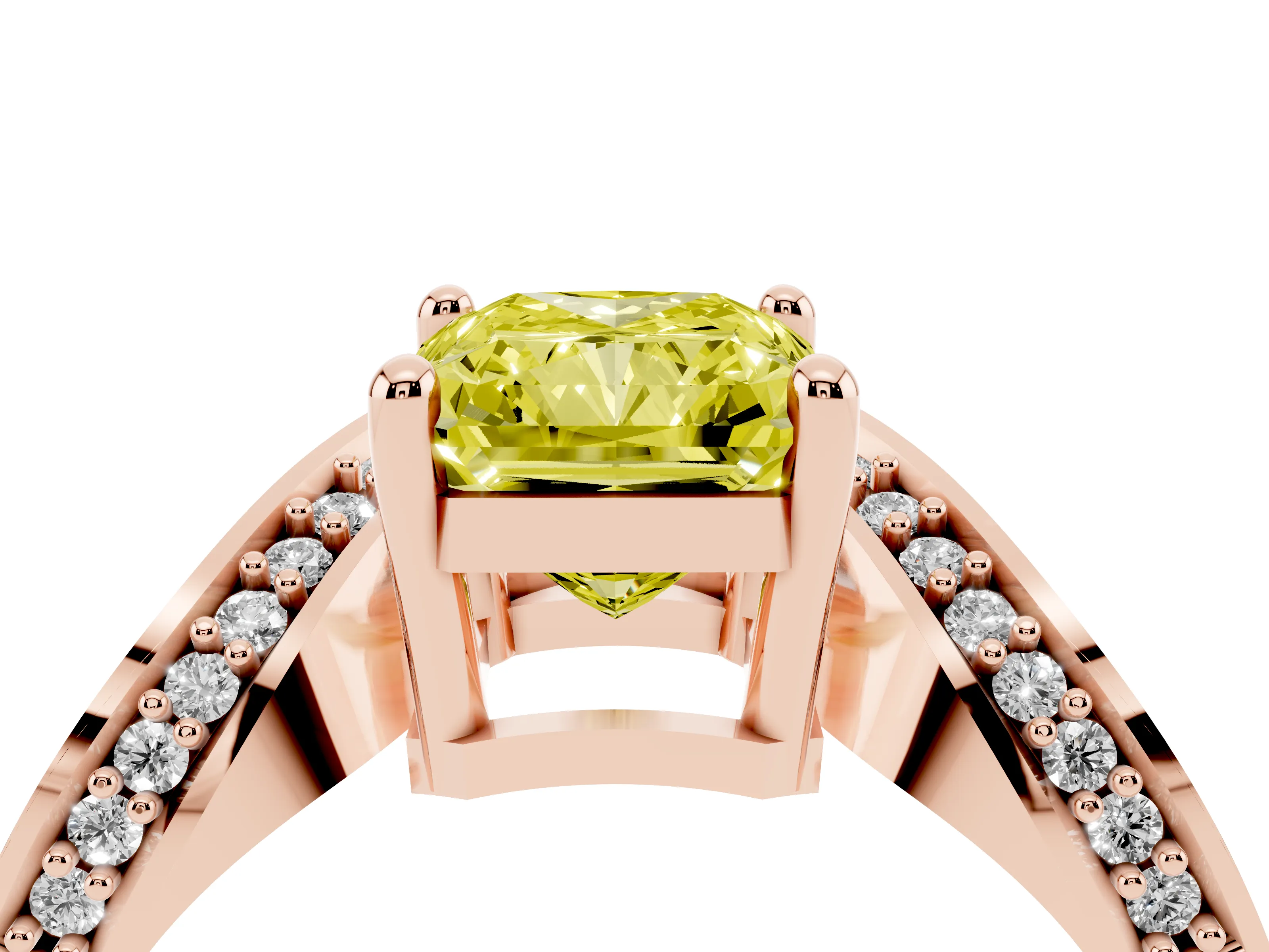 Fancy Yellow Radiant Cut Diamond Solitaire Engagement Ring Set in Rose gold with Pavé Shoulders
