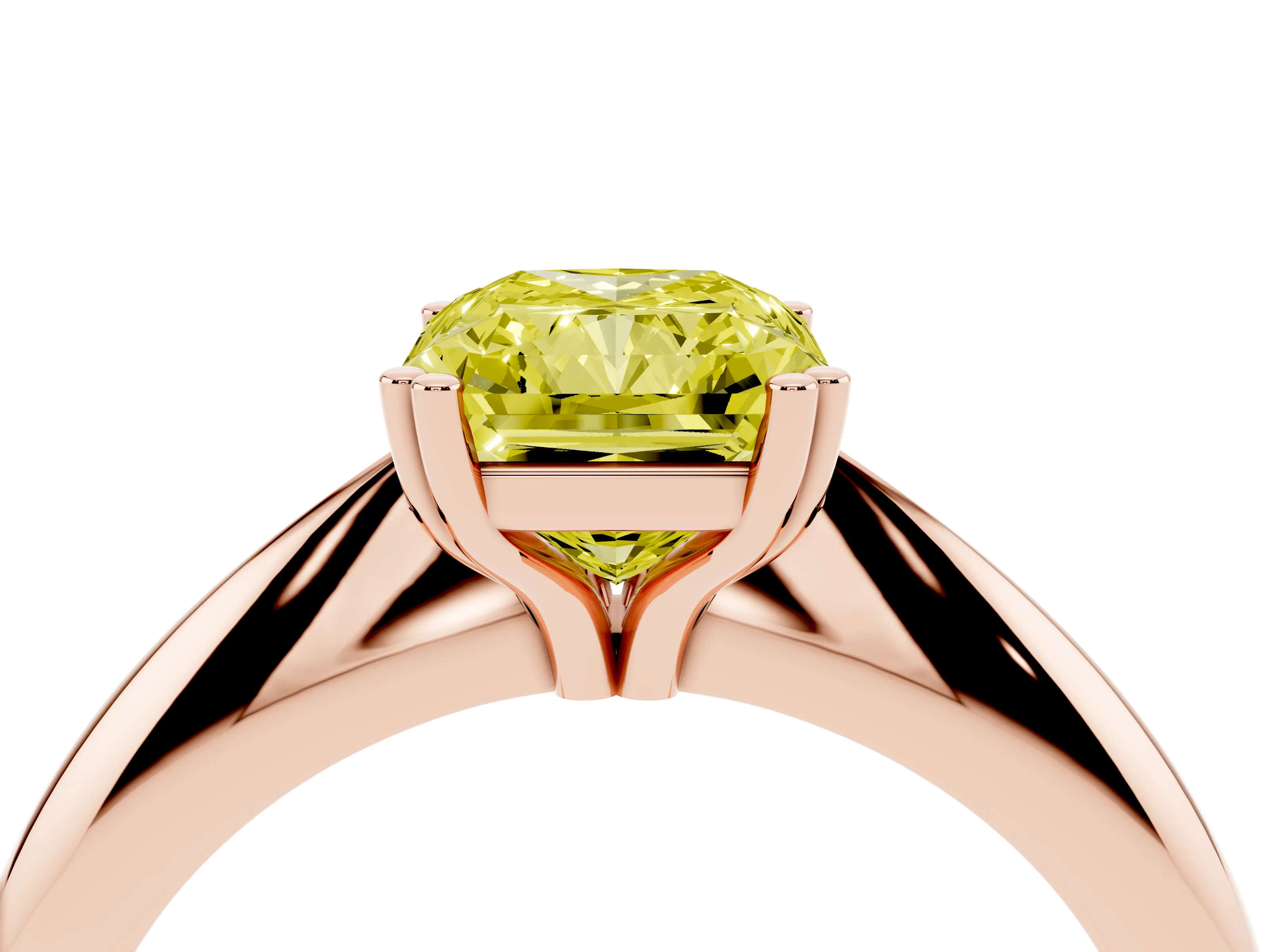 Fancy Yellow Radiant Cut Diamond Solitaire Engagement Ring Set in Rose gold with Tapered Band and Prong Setting