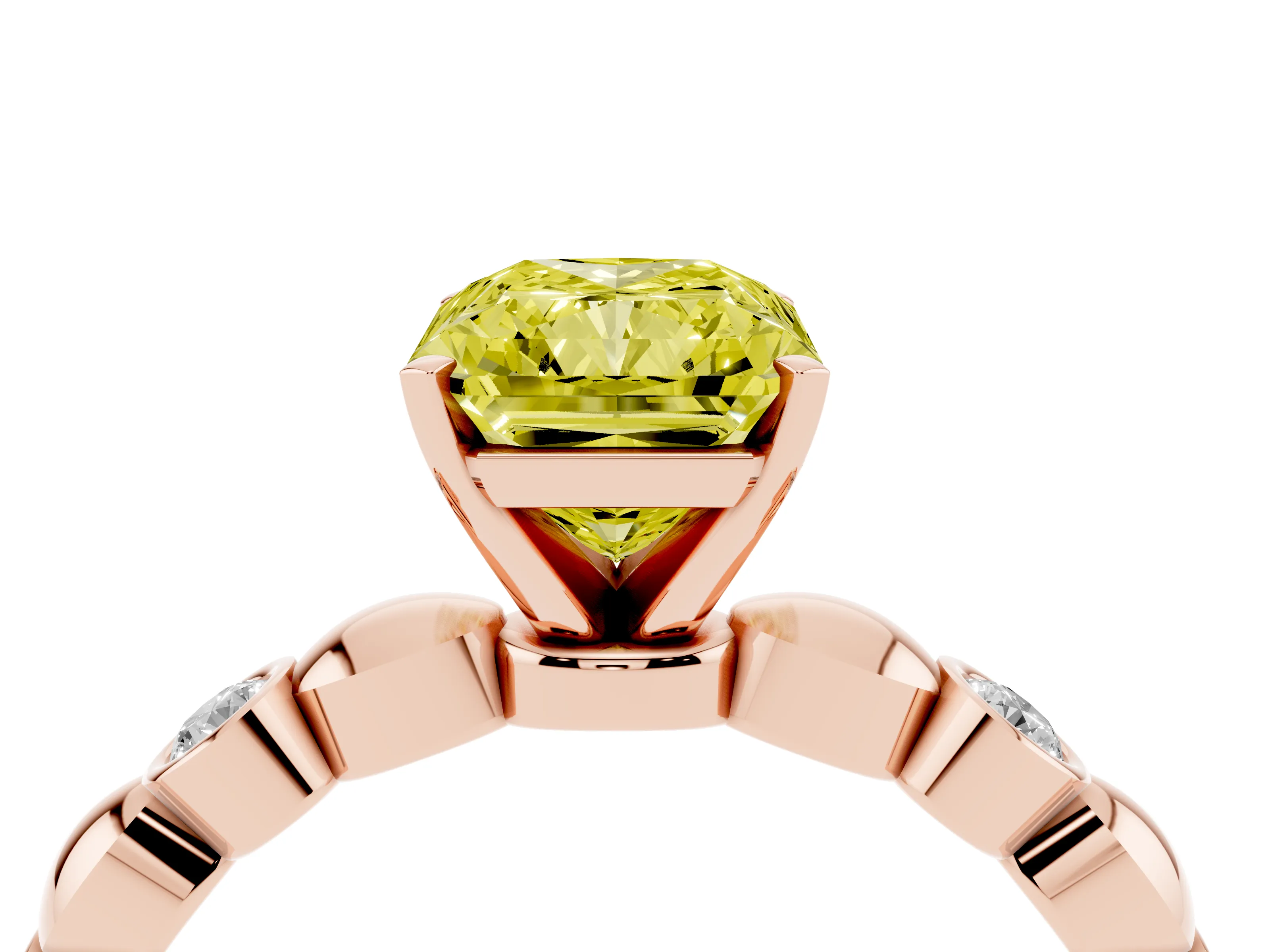 Fancy Yellow Radiant Cut Diamond Solitaire Ring Set in Rose gold with Bezel-Set Accents on Beaded Band and Prong Setting