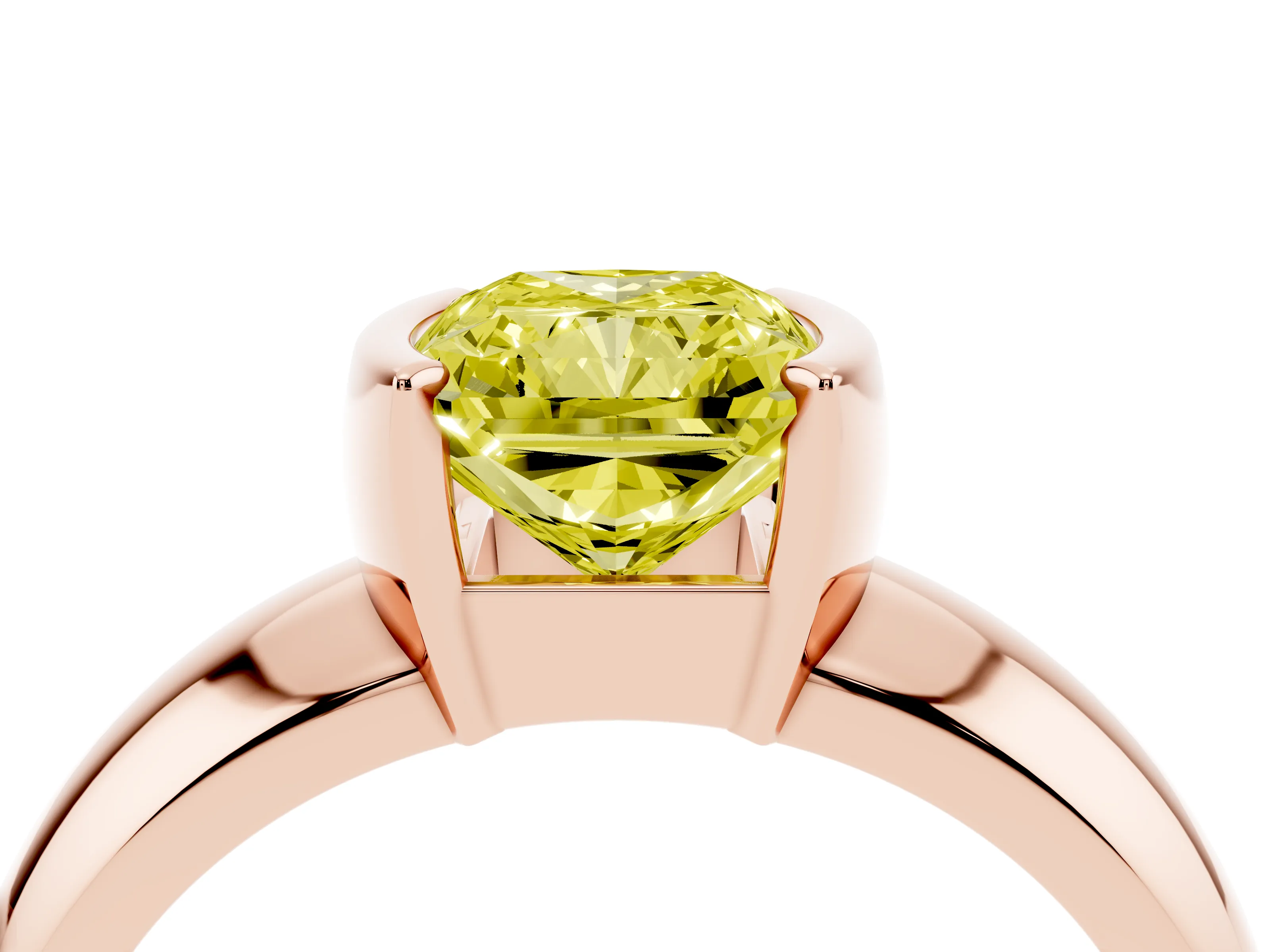 Fancy Yellow Radiant Cut Diamond Solitaire Tension Set Ring Set in Rose gold with Wide Band