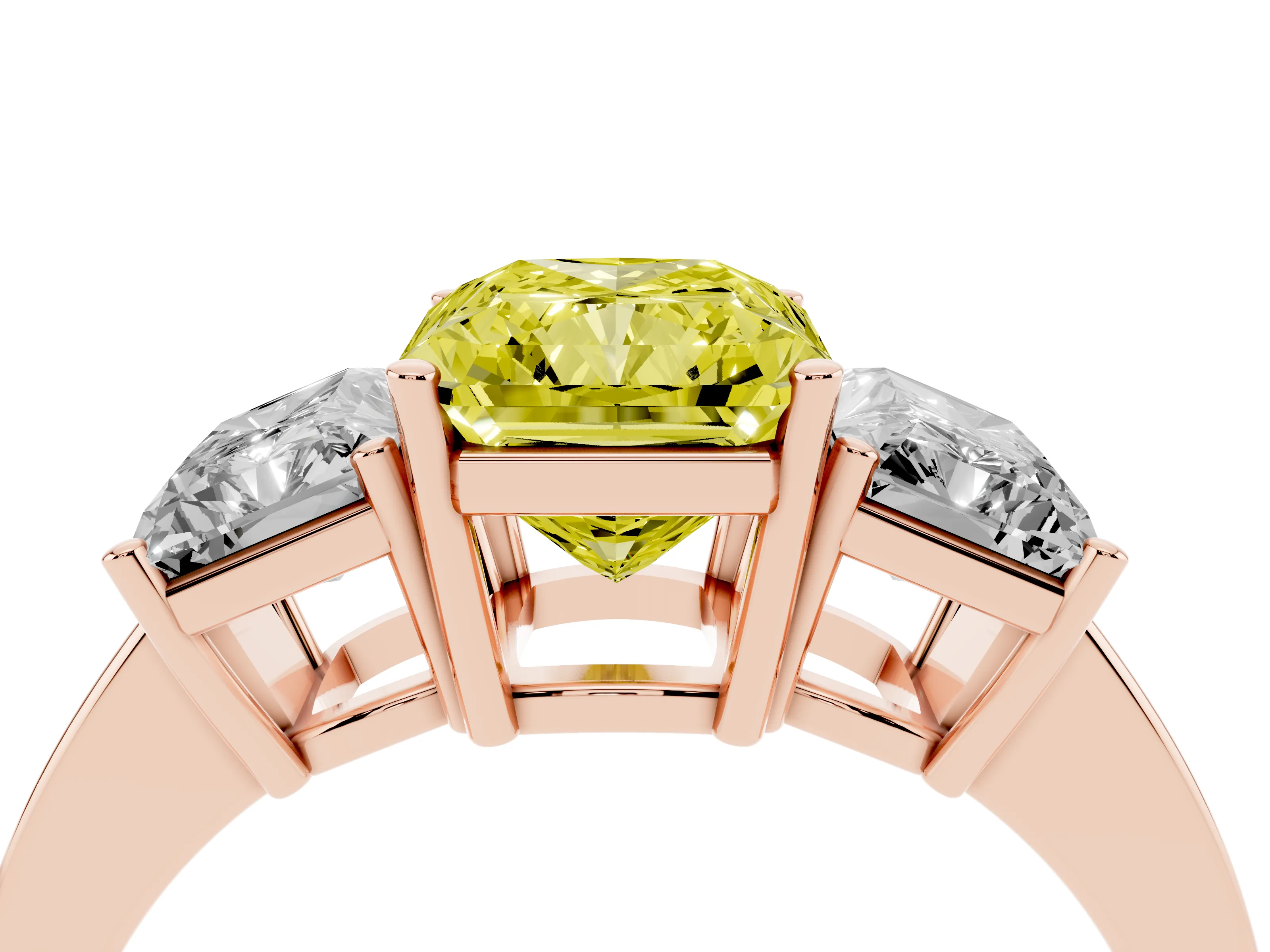 Fancy Yellow Radiant Cut Diamond Three-Stone Engagement Ring Set in Rose gold with Flat Band