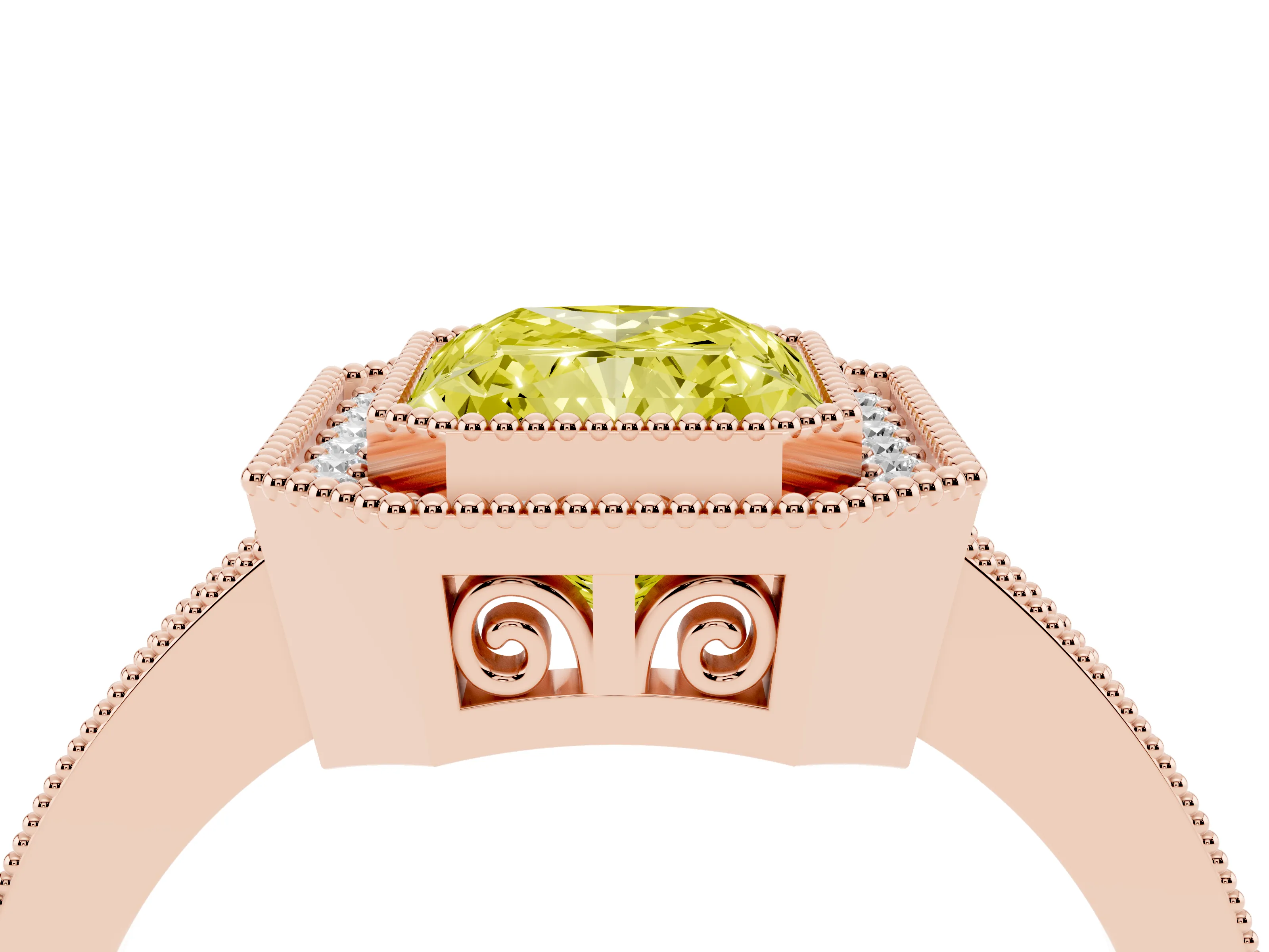 Fancy Yellow Radiant Cut Diamond Round Halo Ring Set in Rose gold with Pavé Band