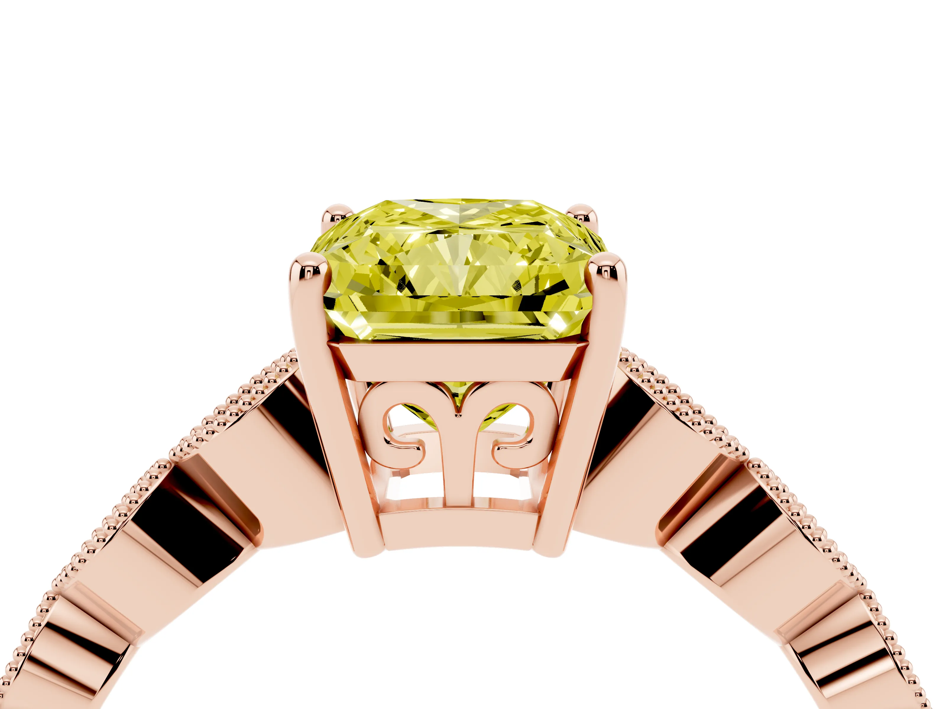 Fancy Yellow Radiant Cut Diamond Solitaire Ring Set in Rose gold with Infinity Twist Pavé Band