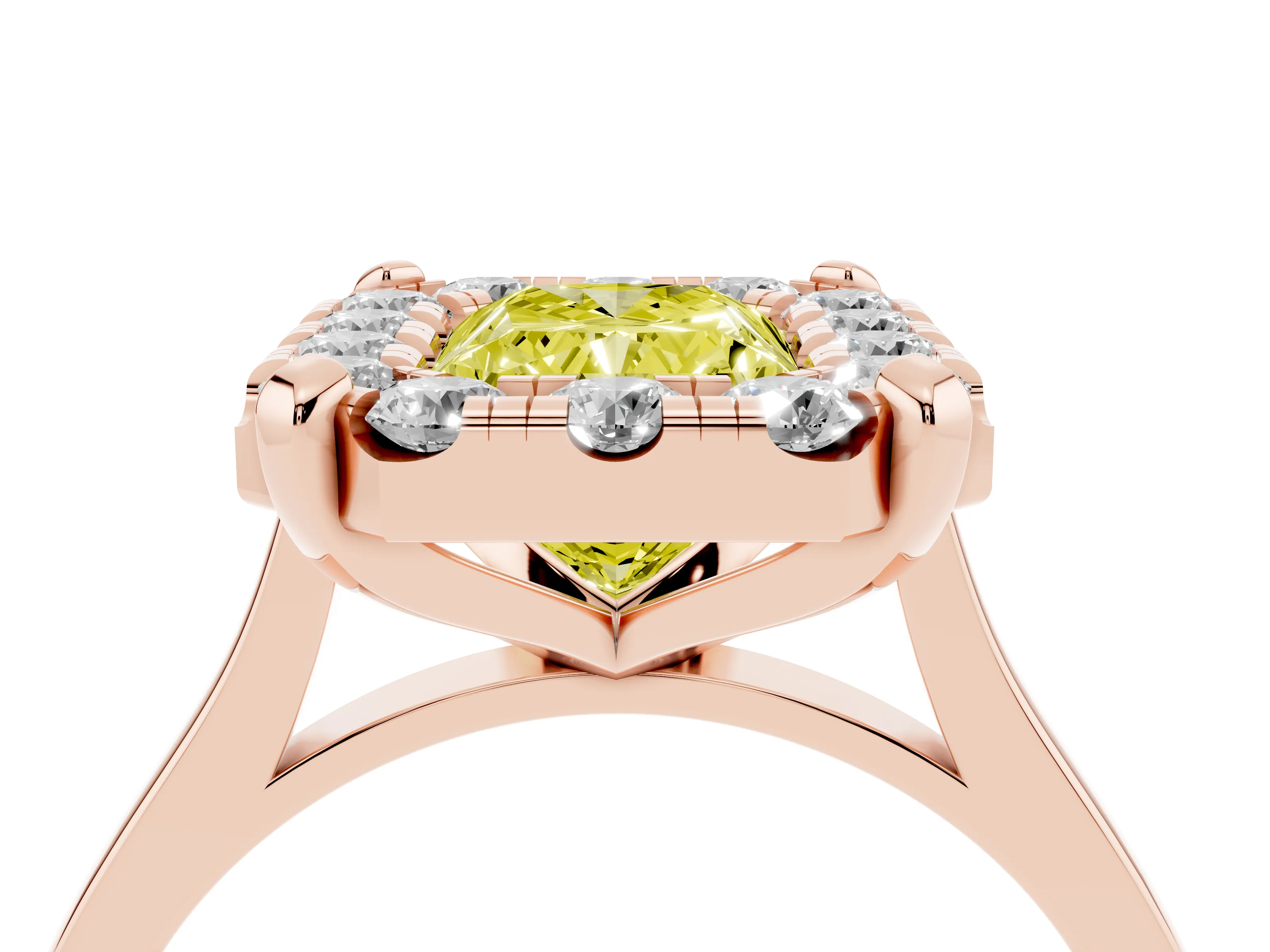 Fancy Yellow Radiant Cut Diamond Cluster Halo Solitaire Ring Set in Rose gold with Prong Setting