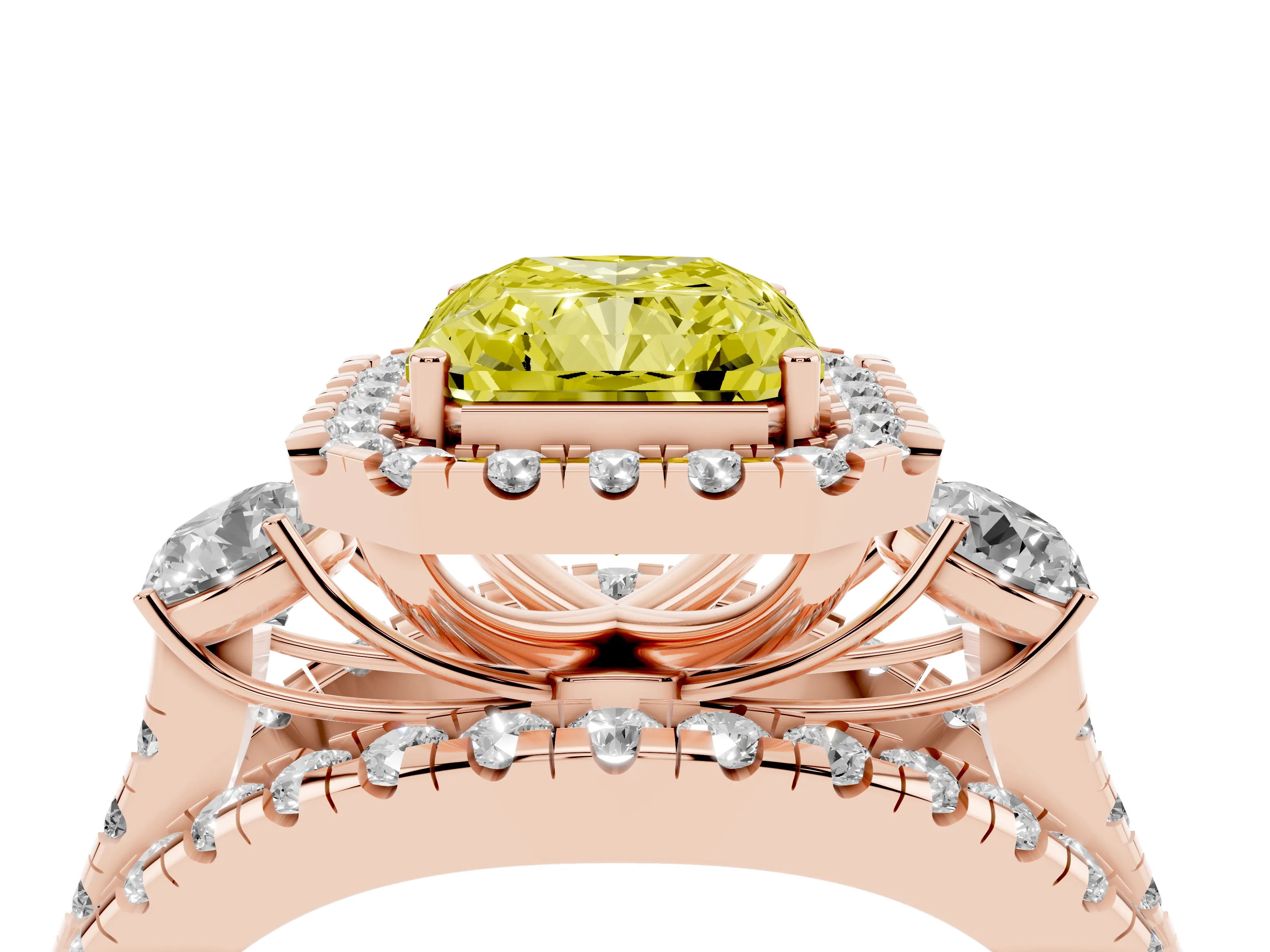 Fancy Yellow Radiant Cut Diamond Halo Split Shank Ring Set in Rose gold with Round Accent Stones and Prong Setting