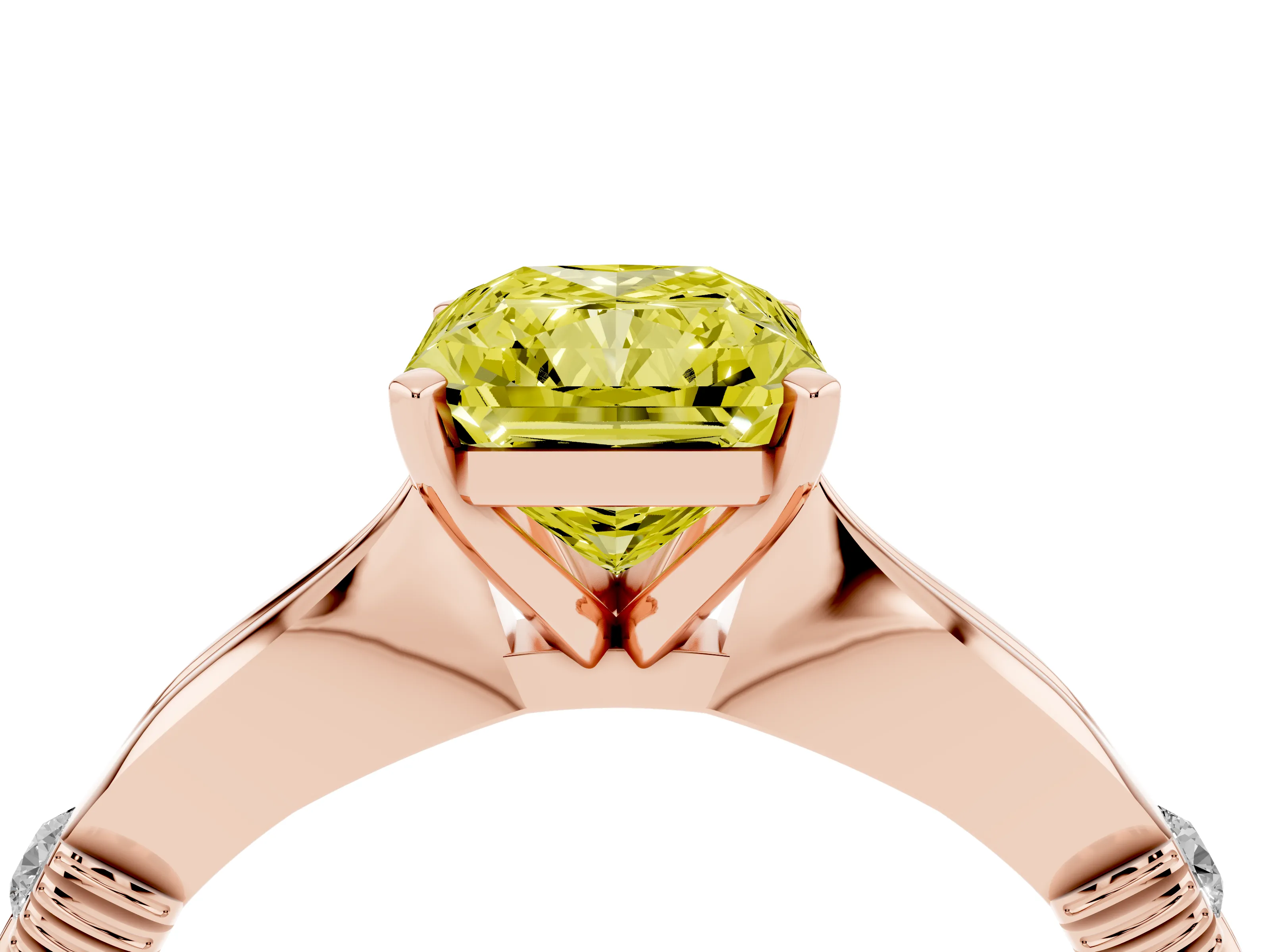 Fancy Yellow Radiant Cut Diamond Solitaire Twisted Band Ring Set in Rose gold with Accent Stones and Prong Setting