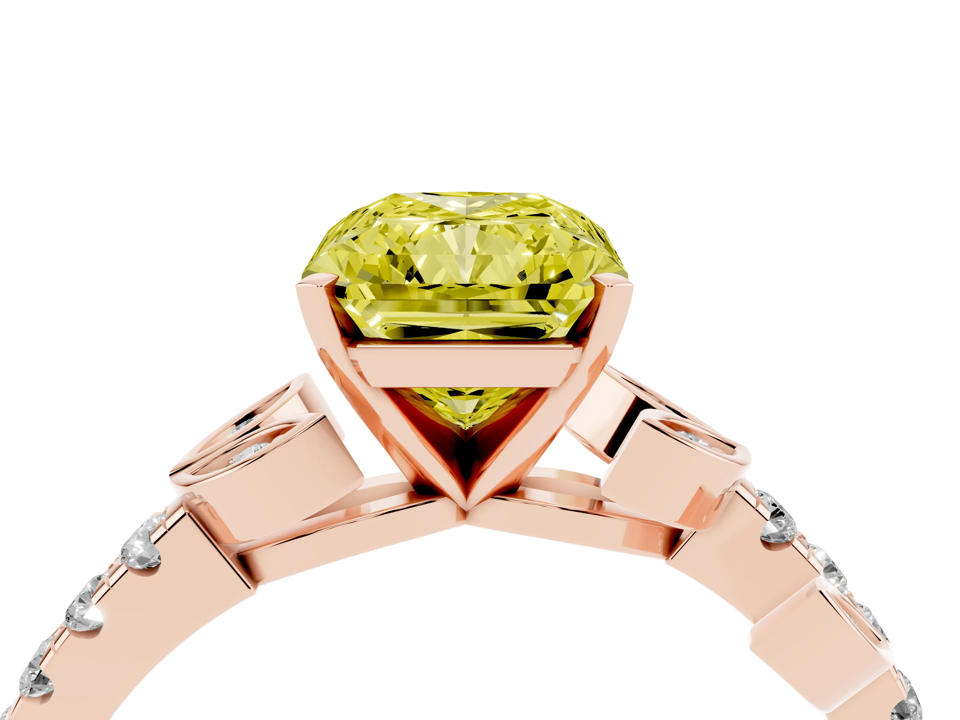 Fancy Yellow Radiant Cut Diamond Solitaire Leaf-Inspired Ring Set in Rose gold with Pavé Band and Prong Setting