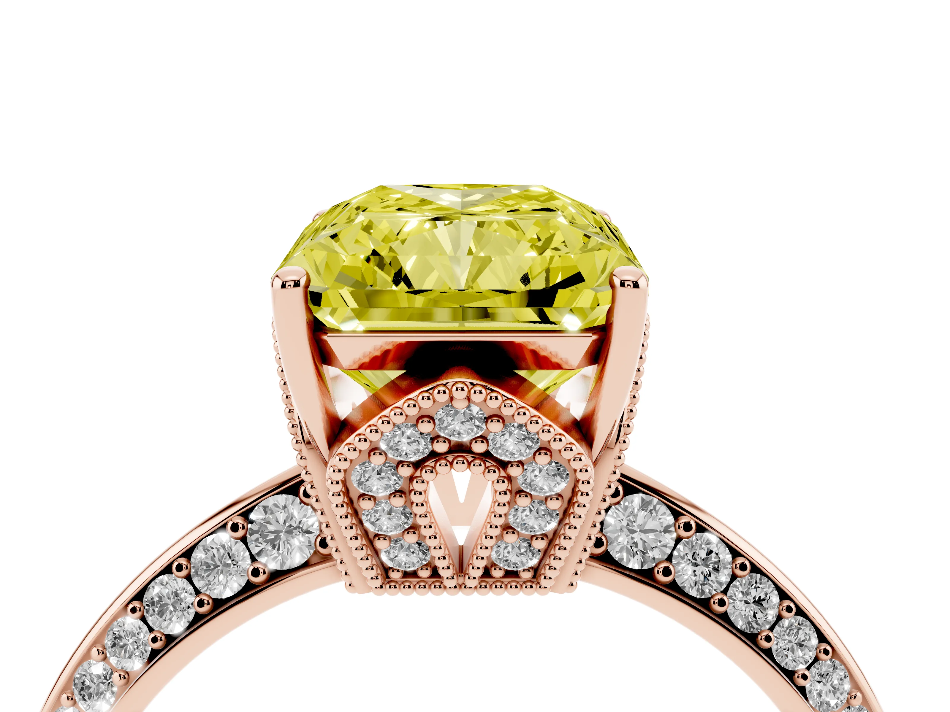 Fancy Yellow Radiant Cut Diamond Solitaire Engagement Ring Set in Rose gold with Pavé Split Shank and Prong Setting