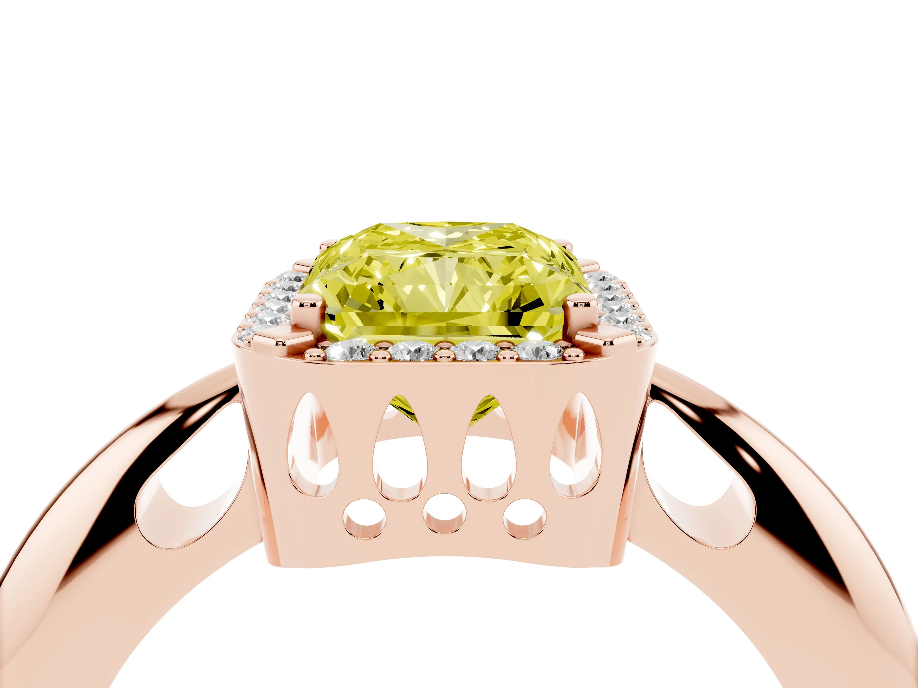 Fancy Yellow Radiant Cut Diamond Halo Engagement Ring Set in Rose gold with Plain Split Shank and Prong Setting