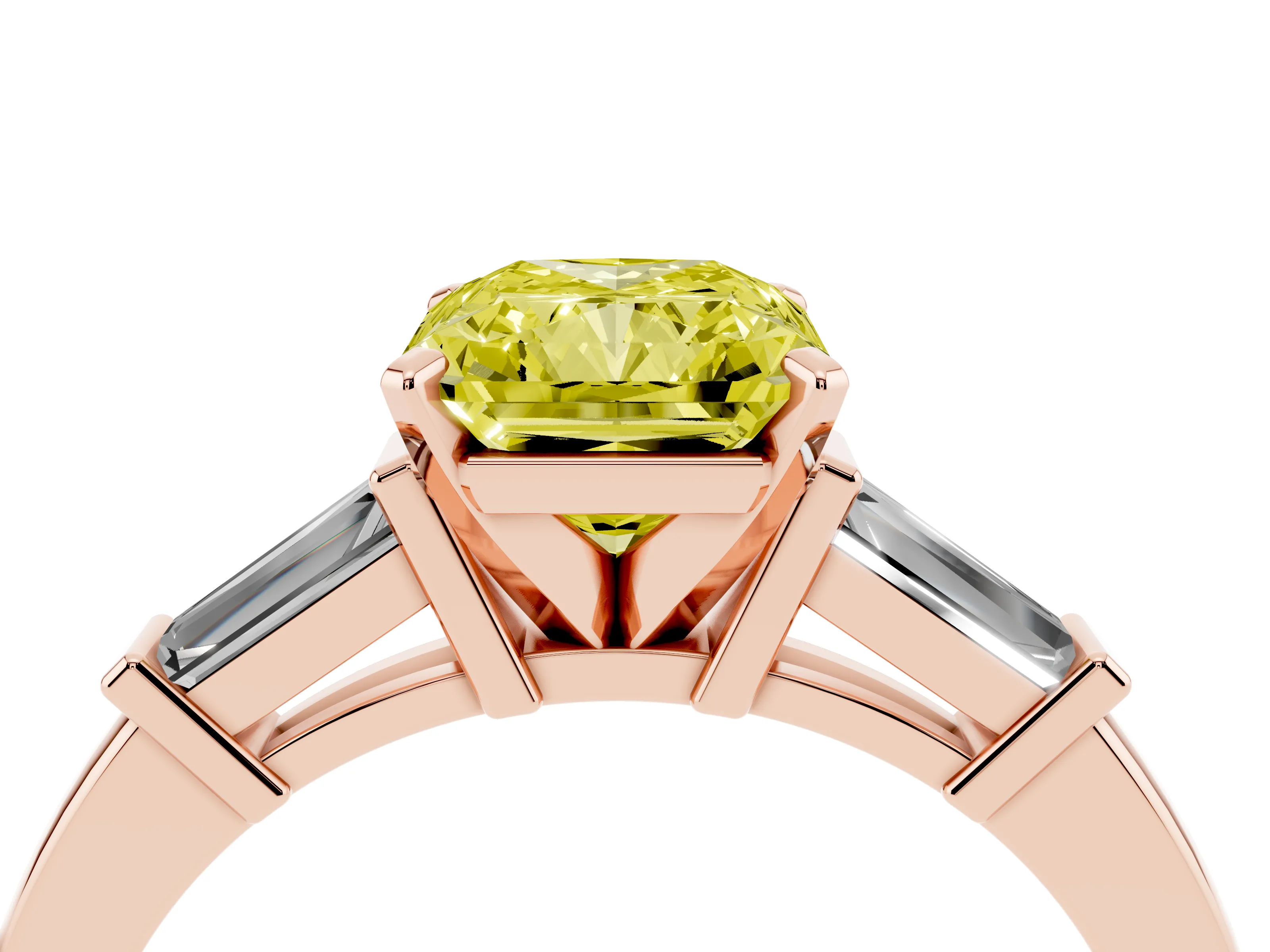 Fancy Yellow Radiant Cut Diamond Solitaire Ring Set in Rose gold with Tapered Baguette Accents and Prong Setting