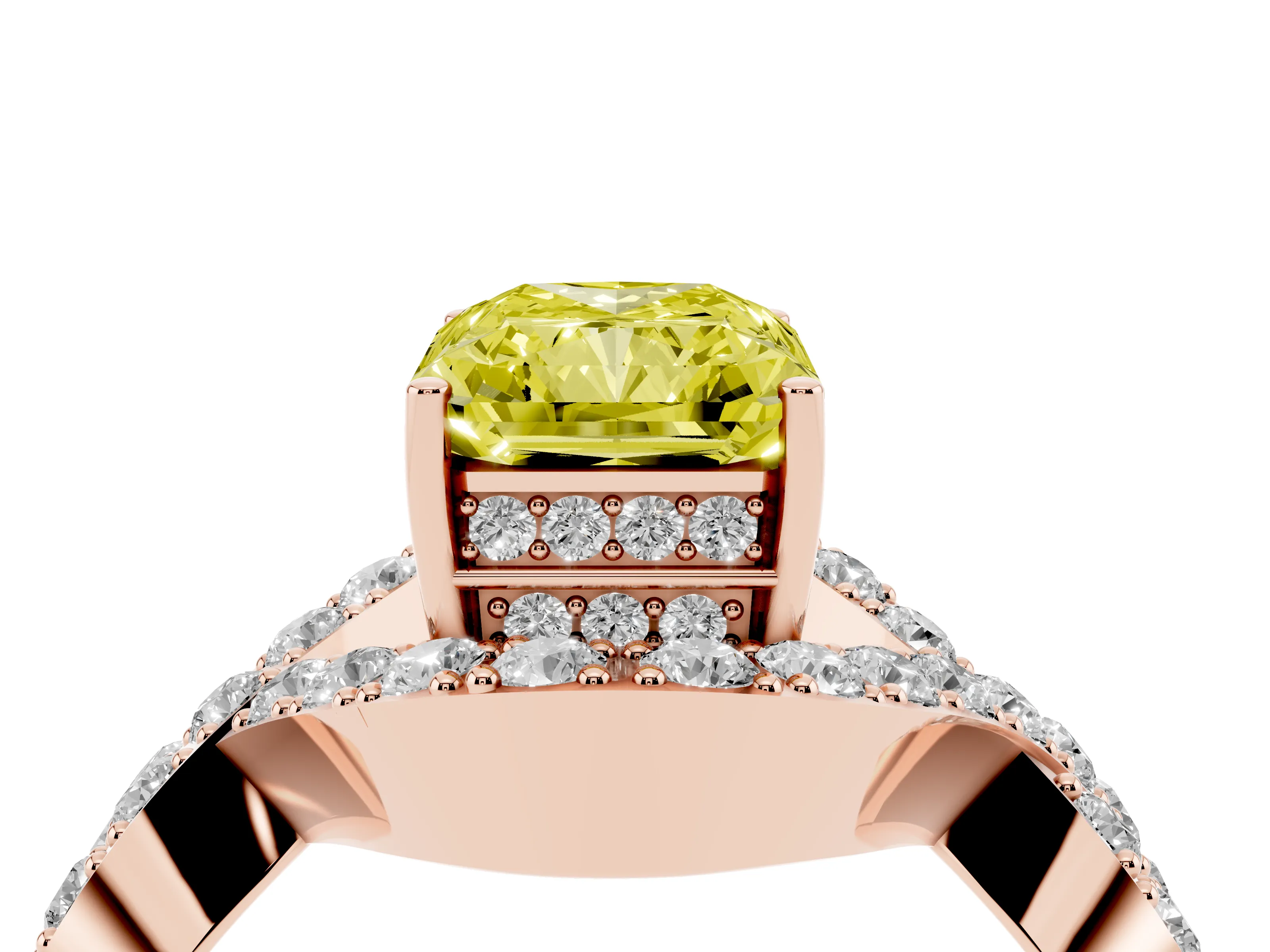 Fancy Yellow Radiant Cut Diamond Solitaire Twist Band Pavé Engagement Ring Set in Rose gold
