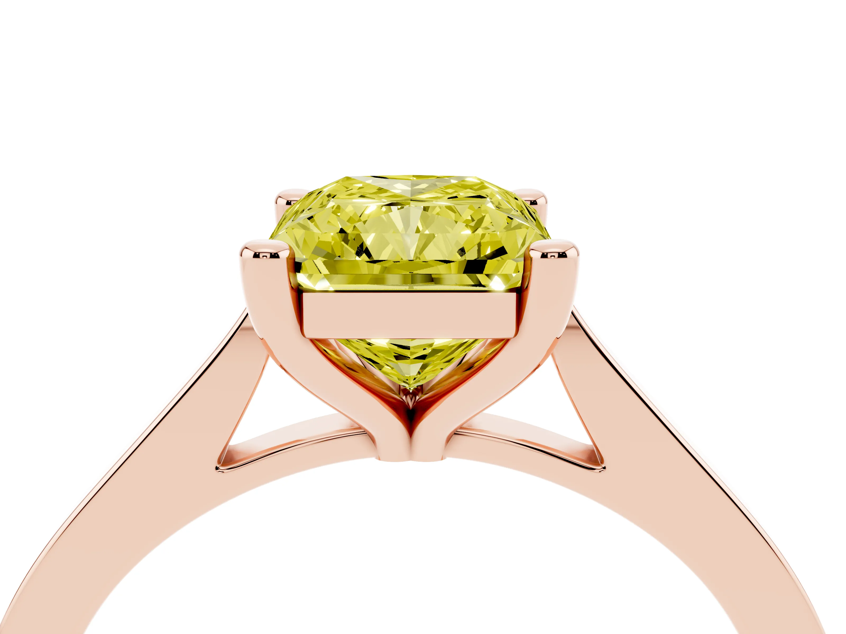Fancy Yellow Radiant Cut Diamond Solitaire Ring Set in Rose gold with Prong Setting and Tapered Band