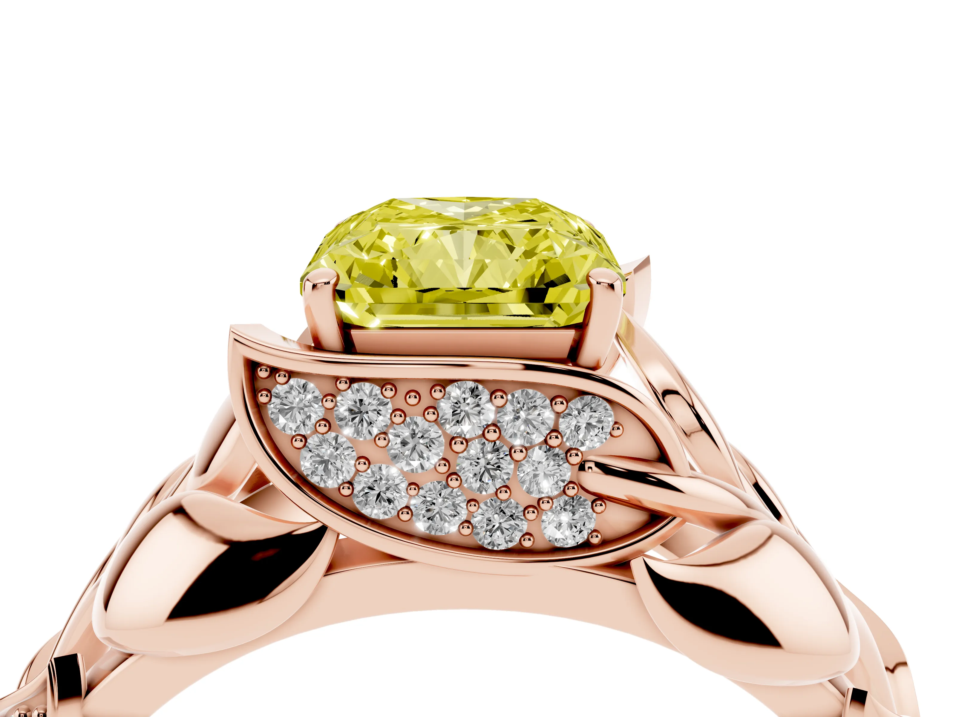 Fancy Yellow Radiant Cut Diamond Leaf-Inspired Engagement Ring Set in Rose gold with Round Accents