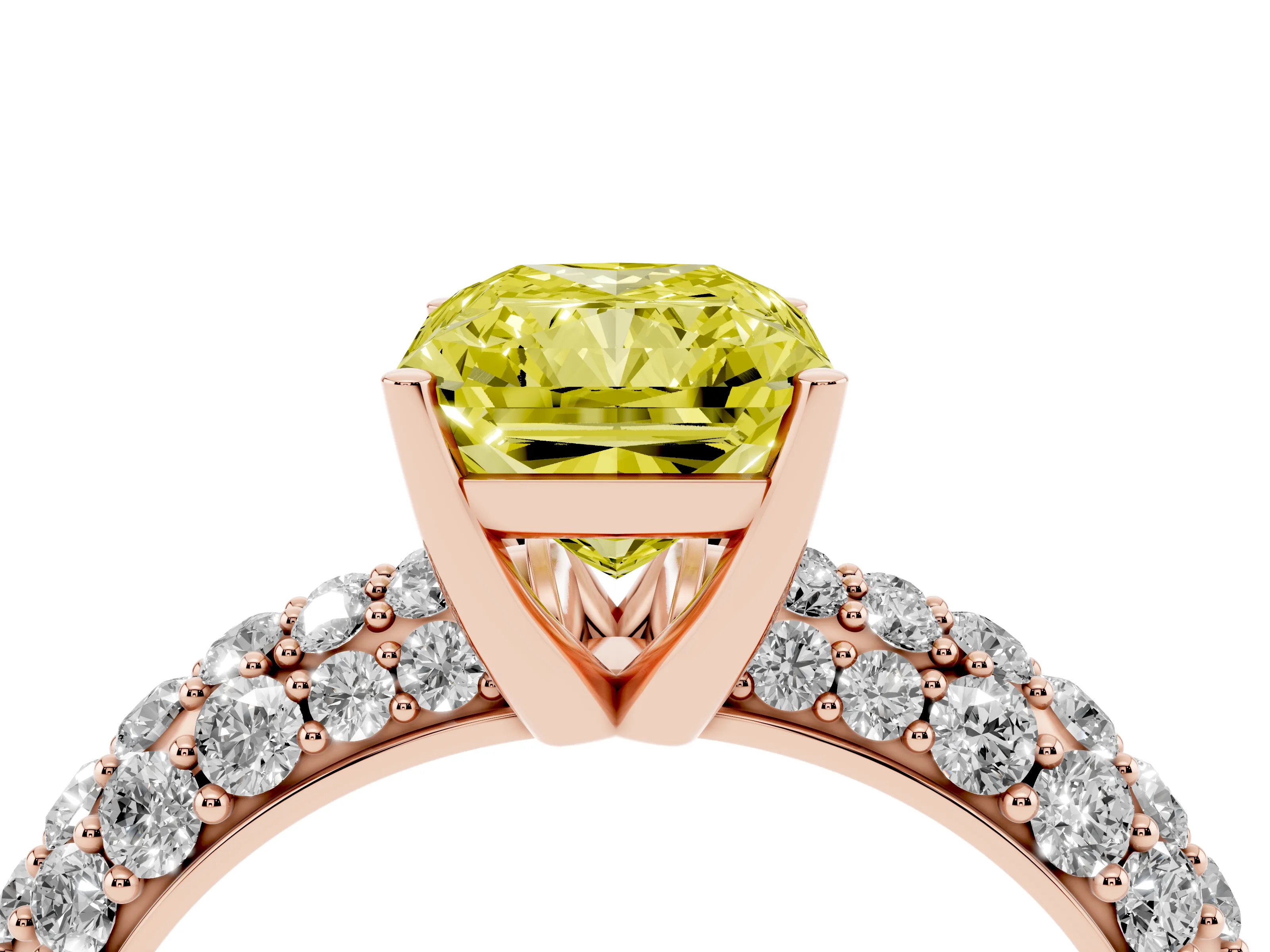 Fancy Yellow Radiant Cut Diamond Pavé Band Solitaire Ring Set in Rose gold with Close-Set Accent Stones and Prong Setting