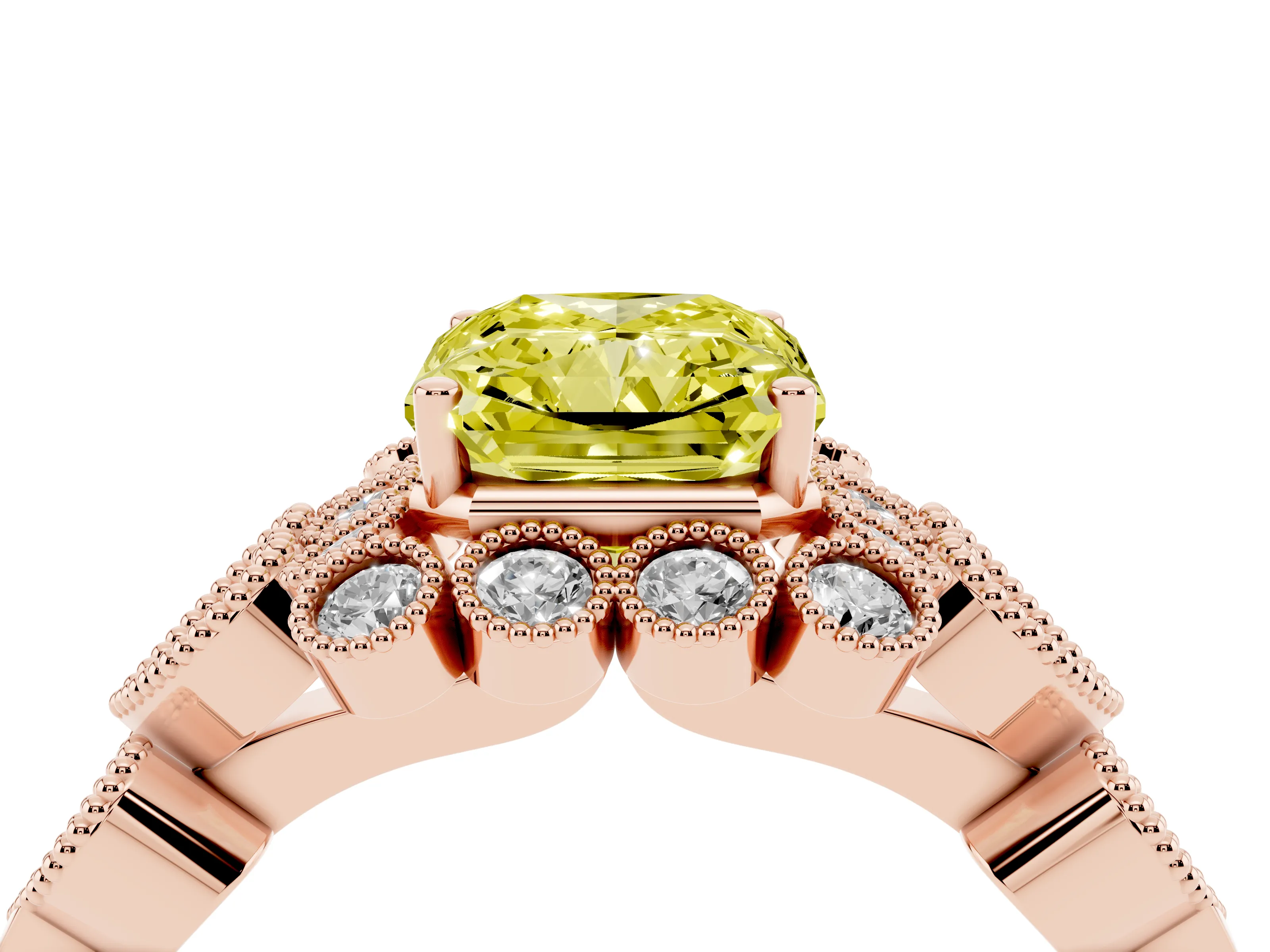 Fancy Yellow Radiant Cut Diamond Solitaire Ring Set in Rose gold with Milgrain Pavé Heart Band