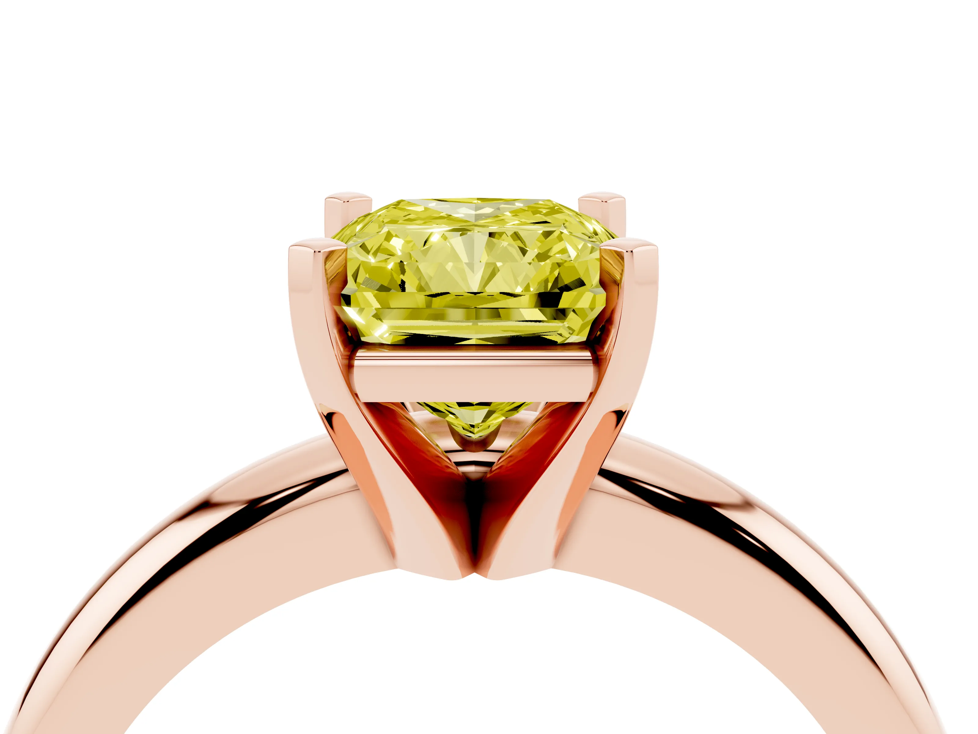 Fancy Yellow Radiant Cut Diamond Solitaire Engagement Ring Set in Rose gold with Round Band and Prong Setting