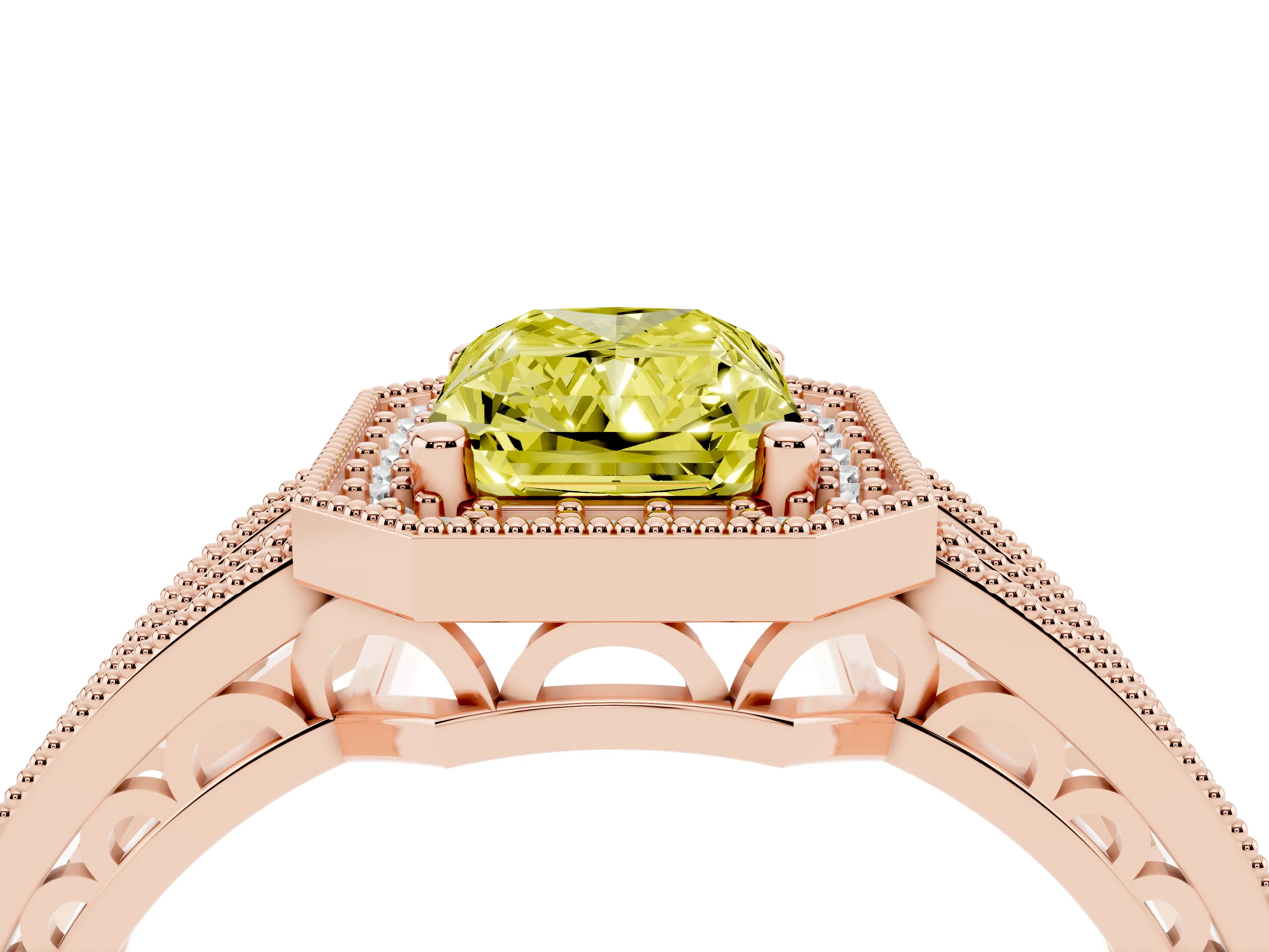 Fancy Yellow Radiant Cut Diamond Halo Ring Set in Rose gold with Accent Split Shank and Prong Setting