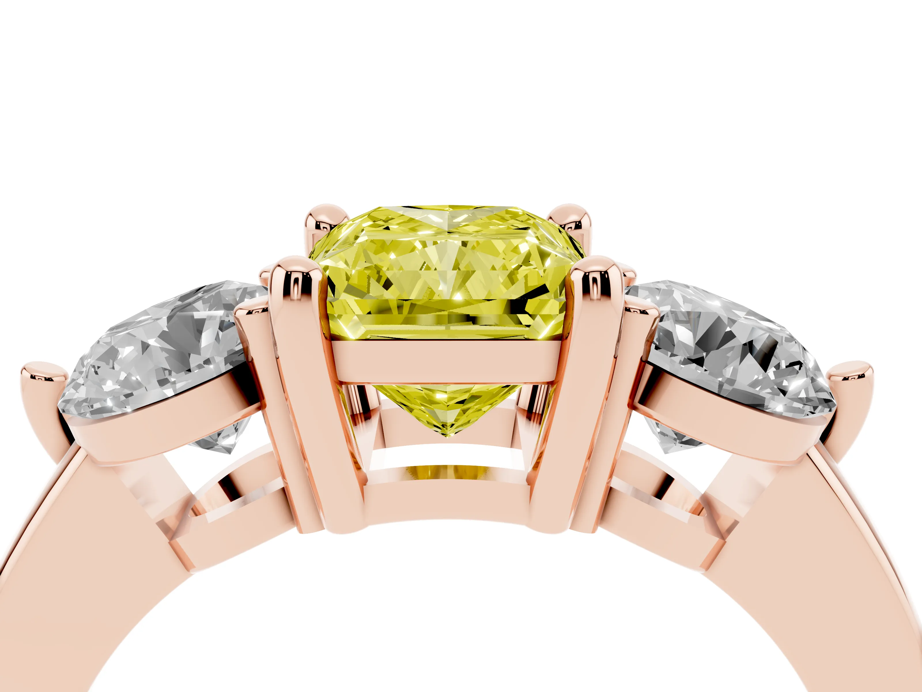 Fancy Yellow Radiant Cut Diamond Three-Stone Ring Set in Rose gold with Prong Setting and Classic Band
