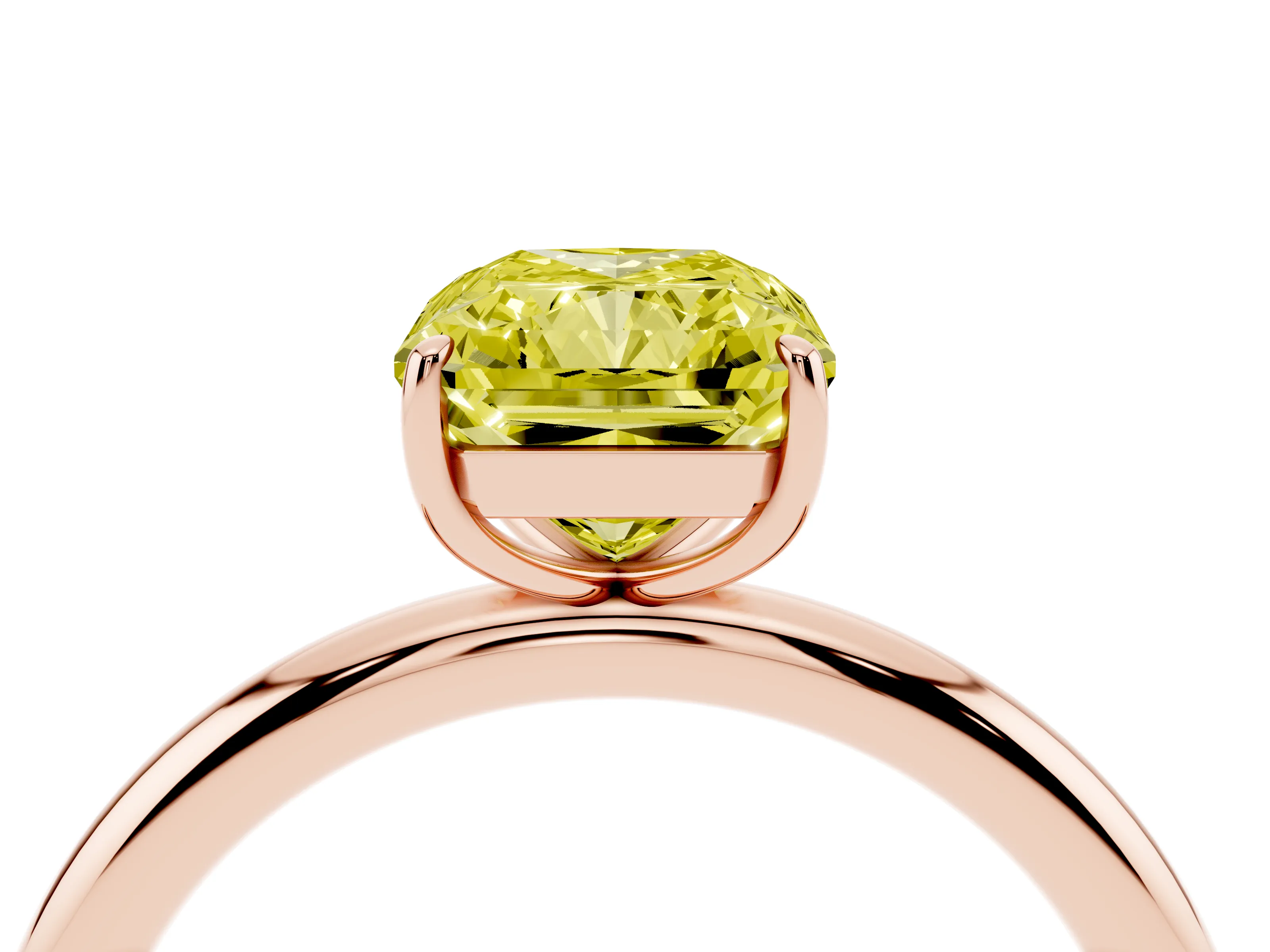 Fancy Yellow Radiant Cut Diamond Solitaire Ring Set in Rose gold with Prong Setting on a Polished Plain Band