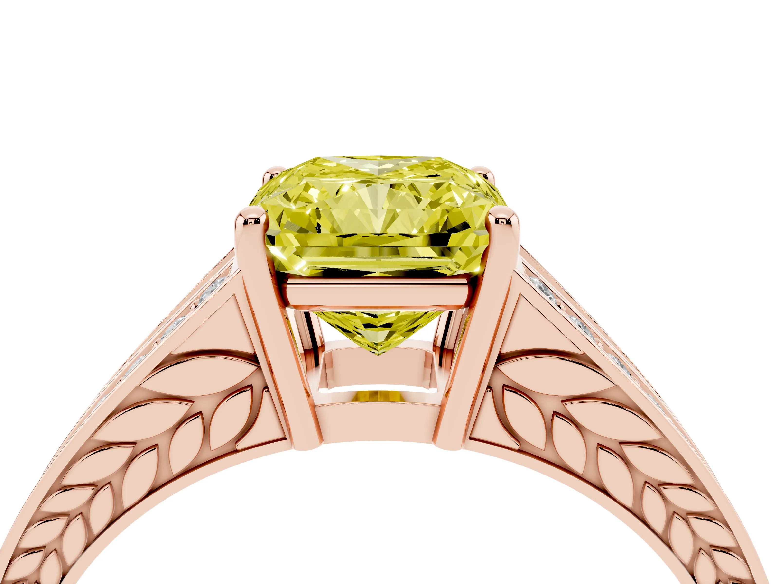 Fancy Yellow Radiant Cut Diamond Split Shank Ring Set in Rose gold with Pavé Band and Prong Setting