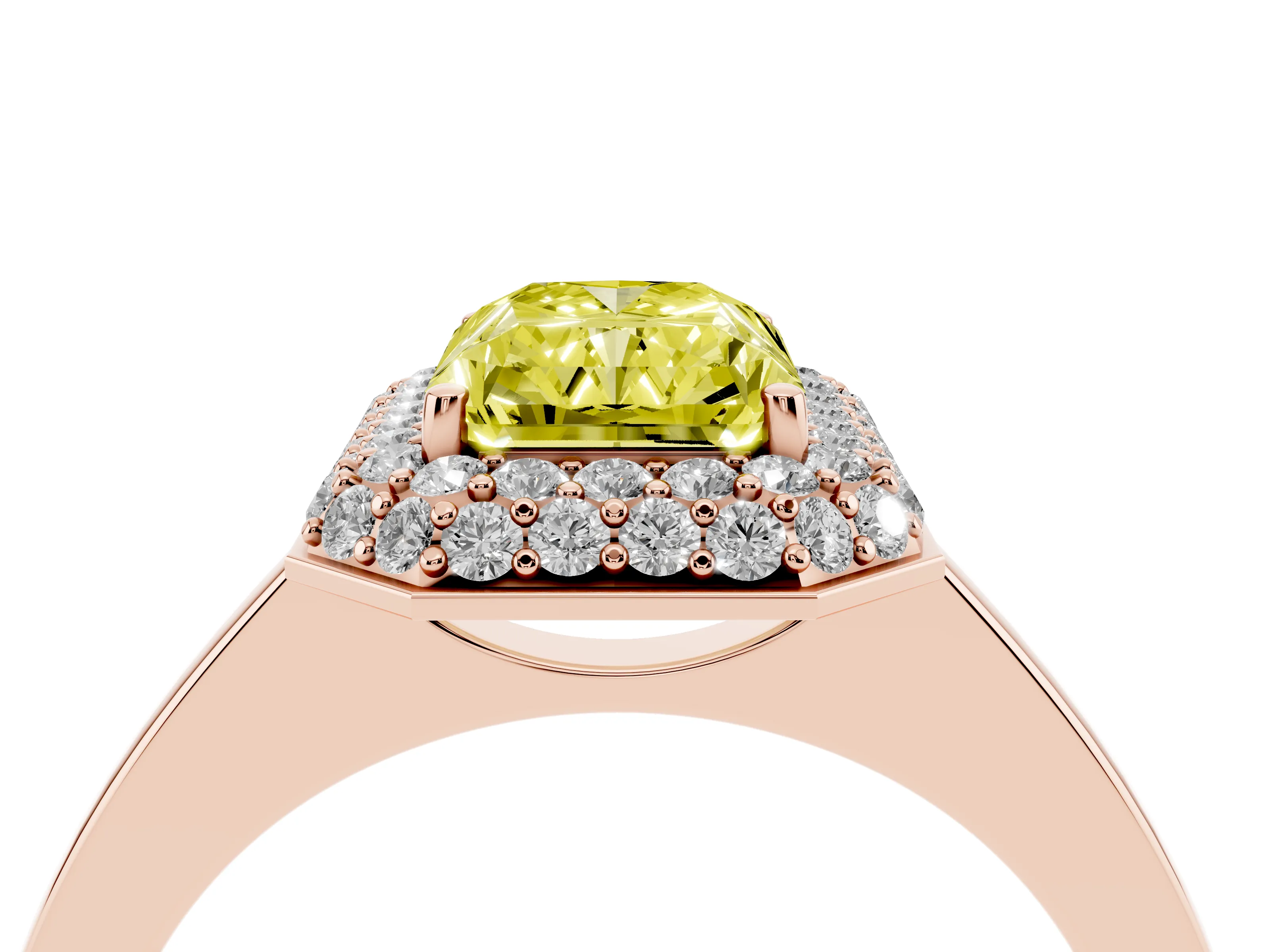 Fancy Yellow Radiant Cut Diamond Halo Engagement Ring Set in Rose gold with Solitaire Band and Prong Setting