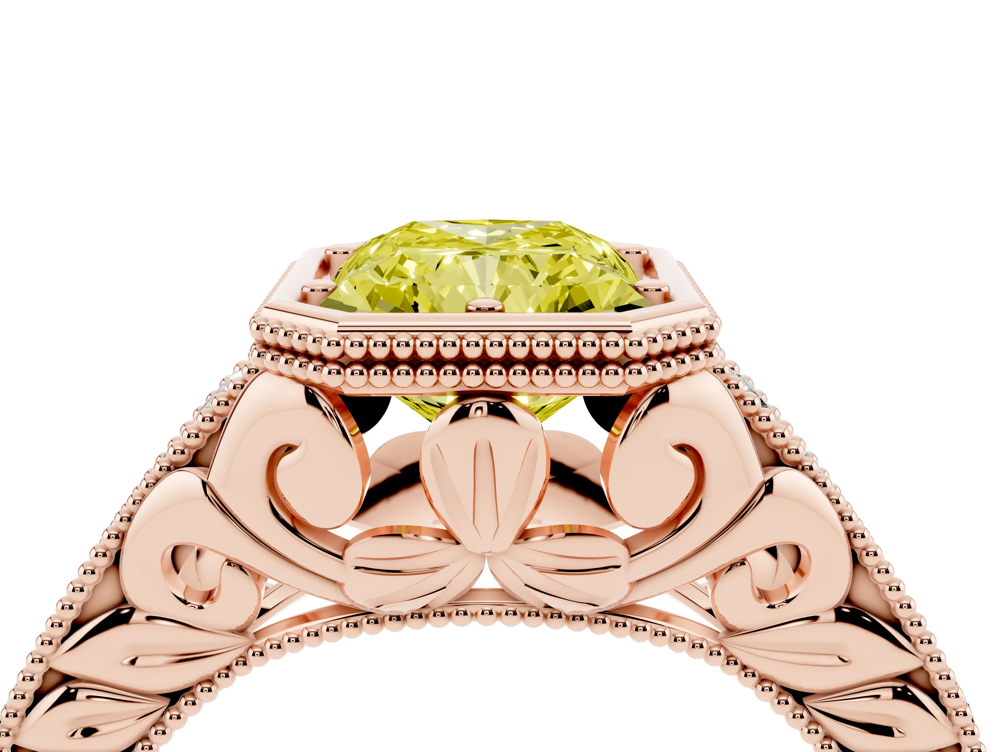 Fancy Yellow Bezel Set Radiant Cut Diamond Milgrain Pavé Engagement Ring Set in Rose gold