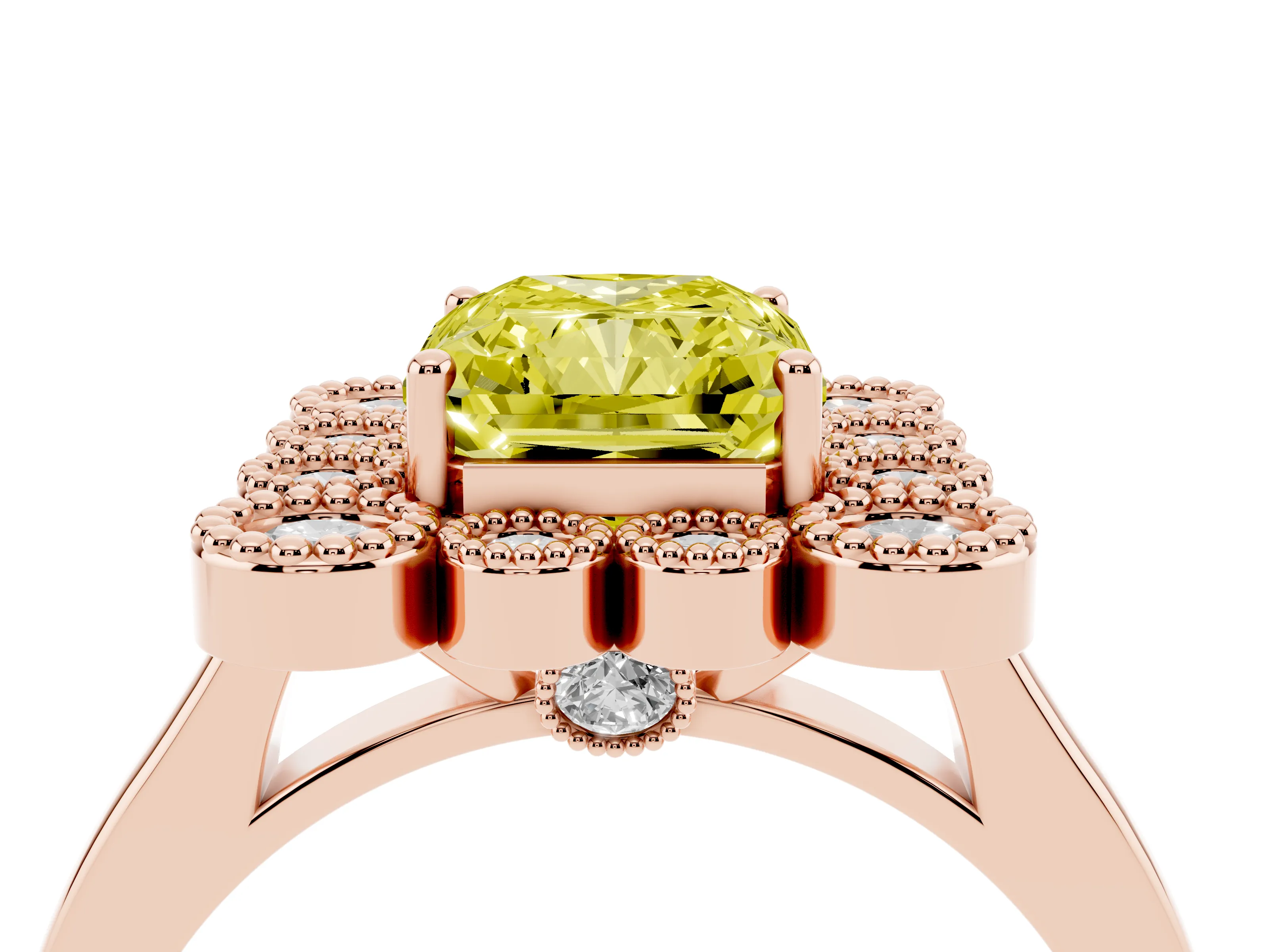 Fancy Yellow Radiant Cut Diamond Cluster Halo Ring Set in Rose gold with Milgrain Bezel Accents and Plain Band