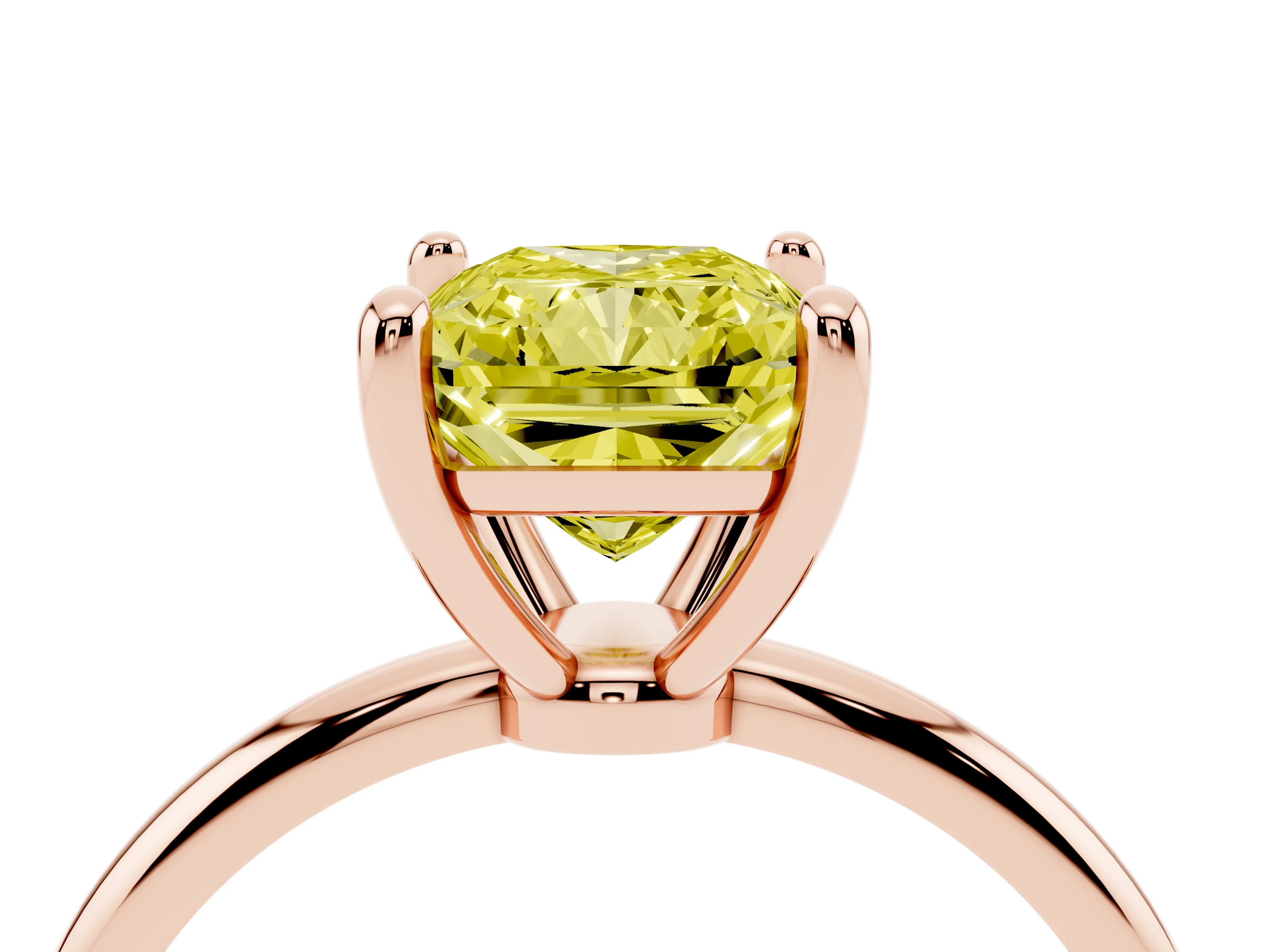 Fancy Yellow Radiant Cut Diamond Solitaire Ring Set in Rose gold with Secure Prong Setting on a Classic Band