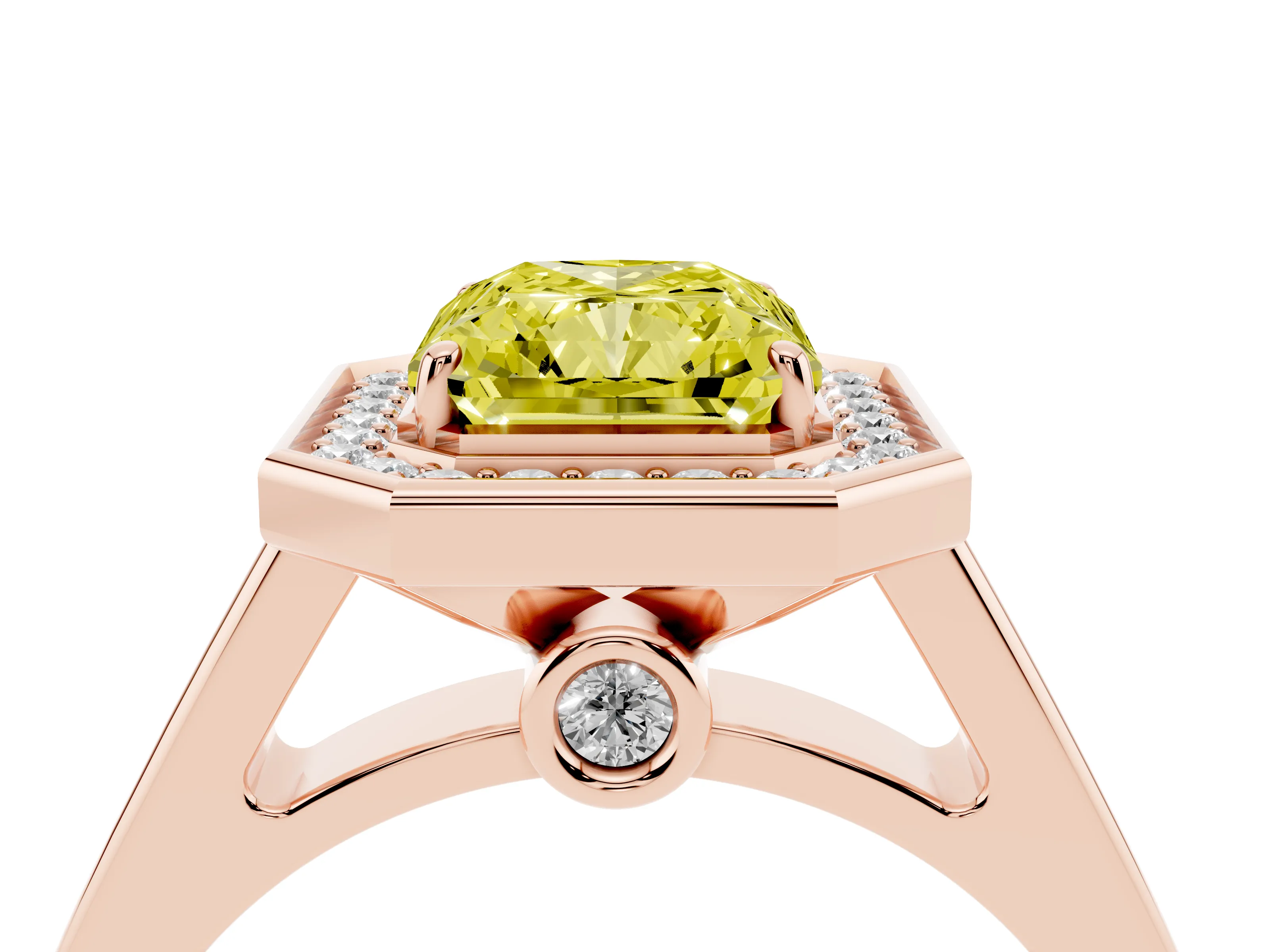 Fancy Yellow Radiant Cut Diamond Halo Solitaire Ring Set in Rose gold with Pavé Band and Bezel Setting