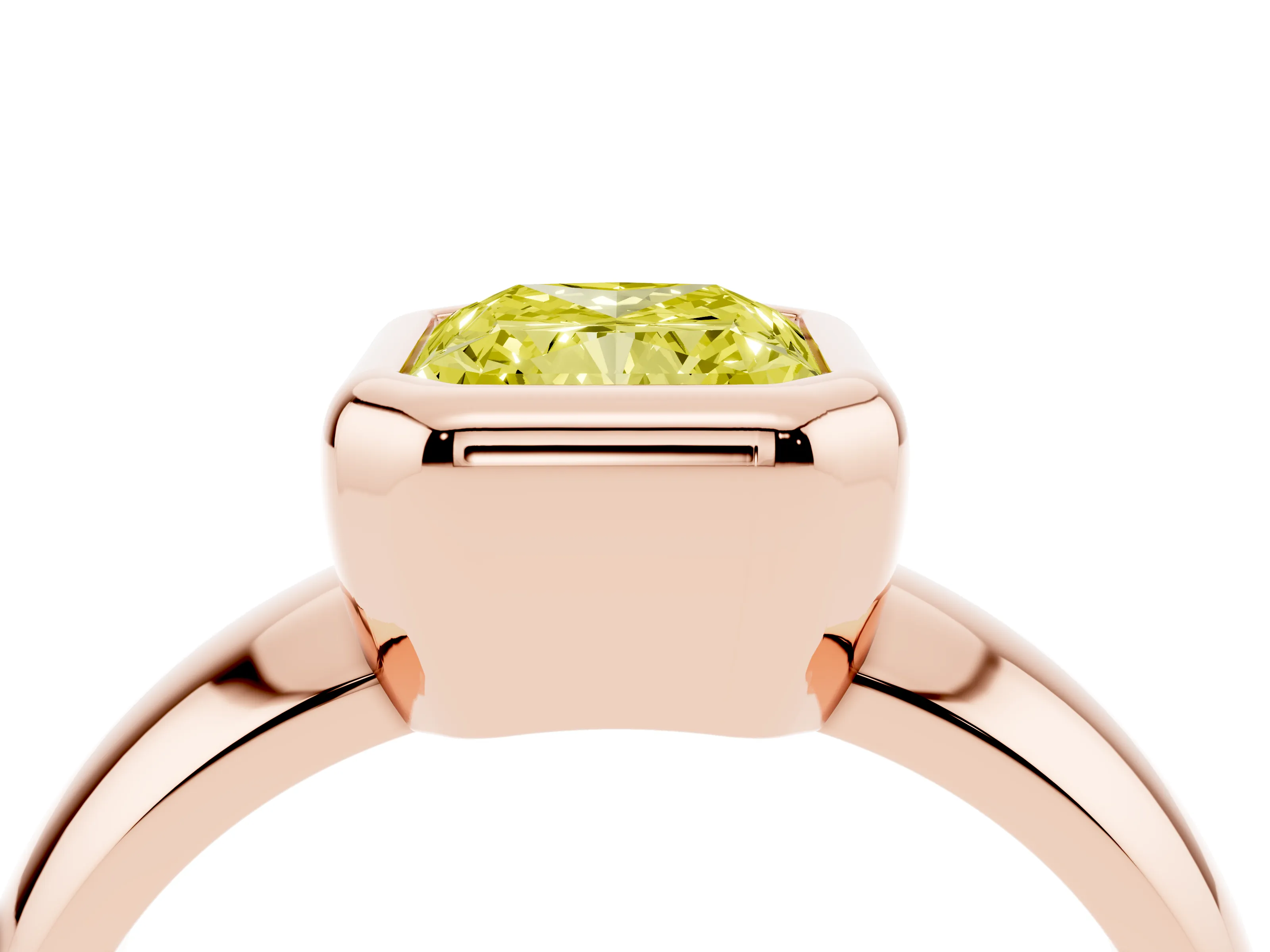 Fancy Yellow Bezel Set Radiant Cut Diamond Solitaire Ring Set in Rose gold with Wide Band